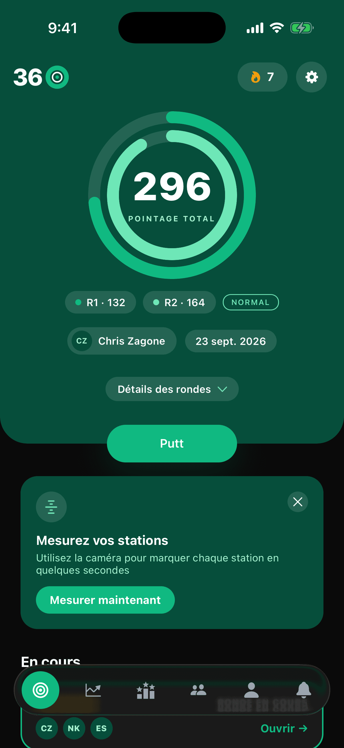 L’écran d’accueil de Perfect Putt 360 affichant un pointage de 296 et les rondes récentes