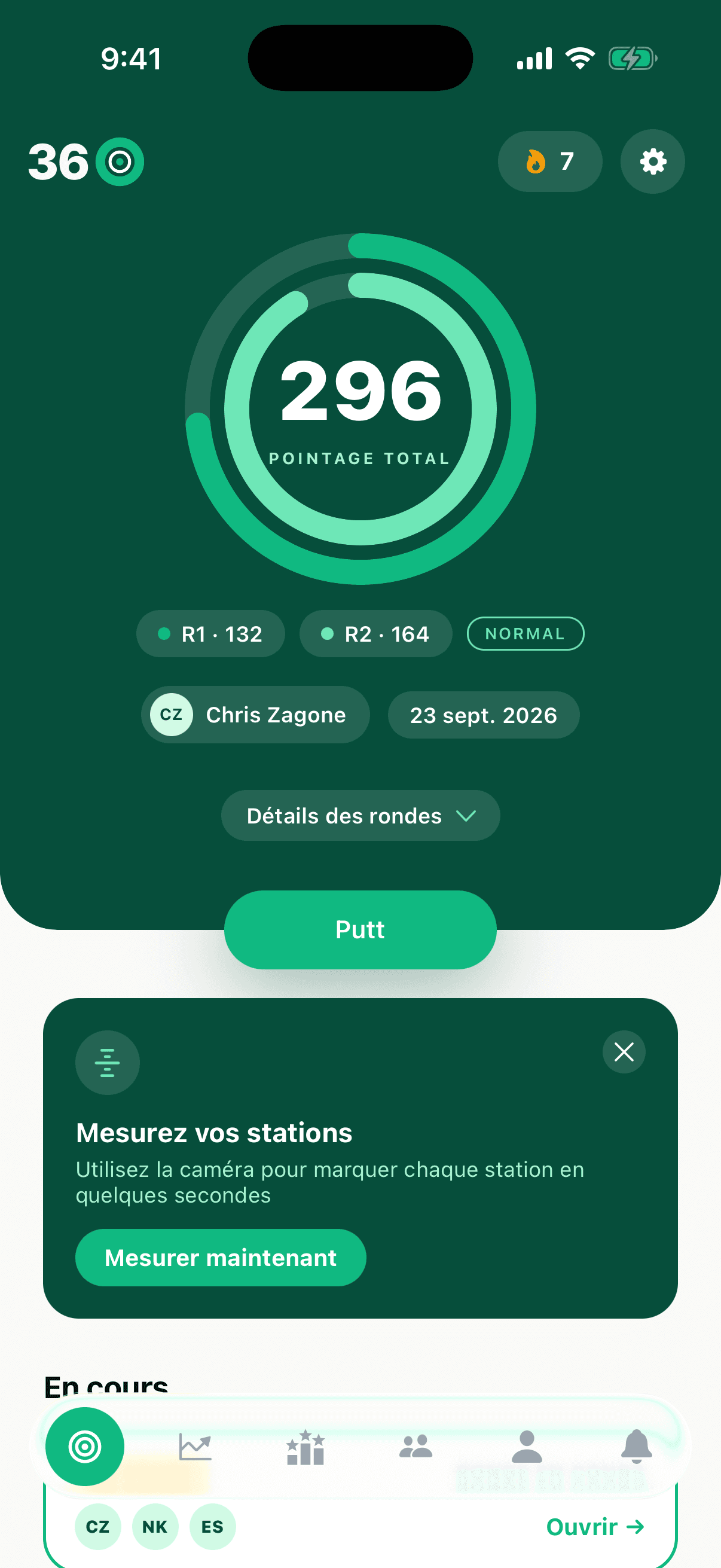 L’écran d’accueil de Perfect Putt 360 affichant un pointage de 296 et les rondes récentes