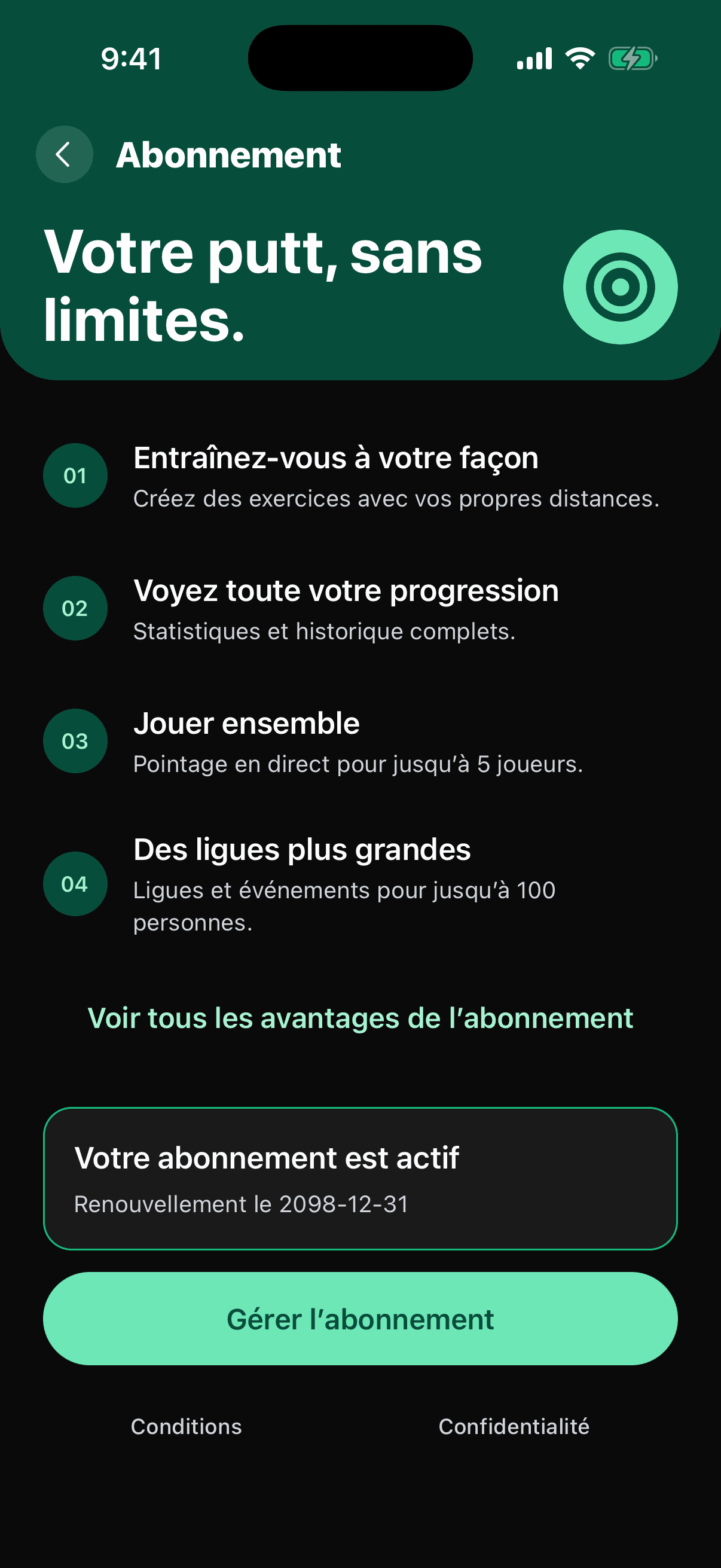 L’écran d’abonnement dans l’application, pour un abonné actif