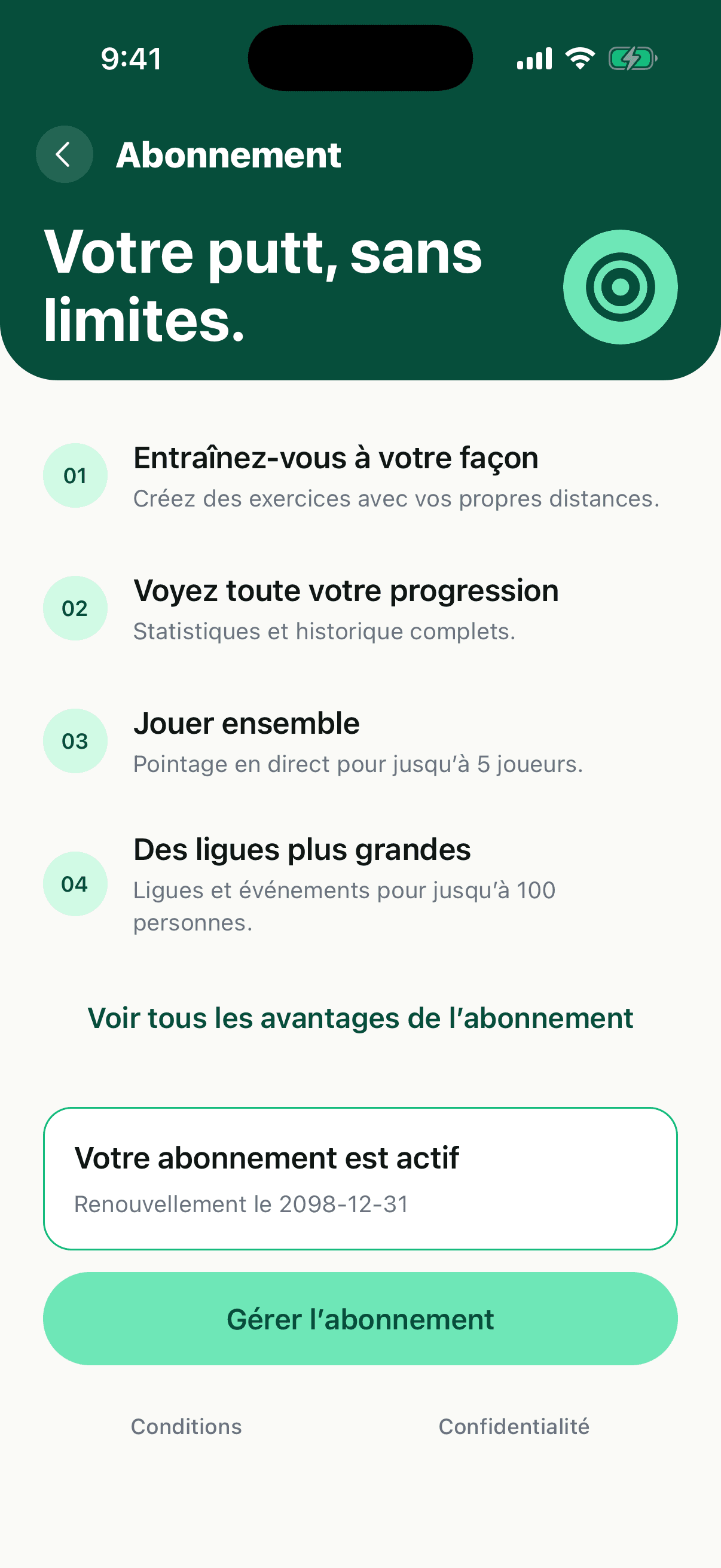 L’écran d’abonnement dans l’application, pour un abonné actif