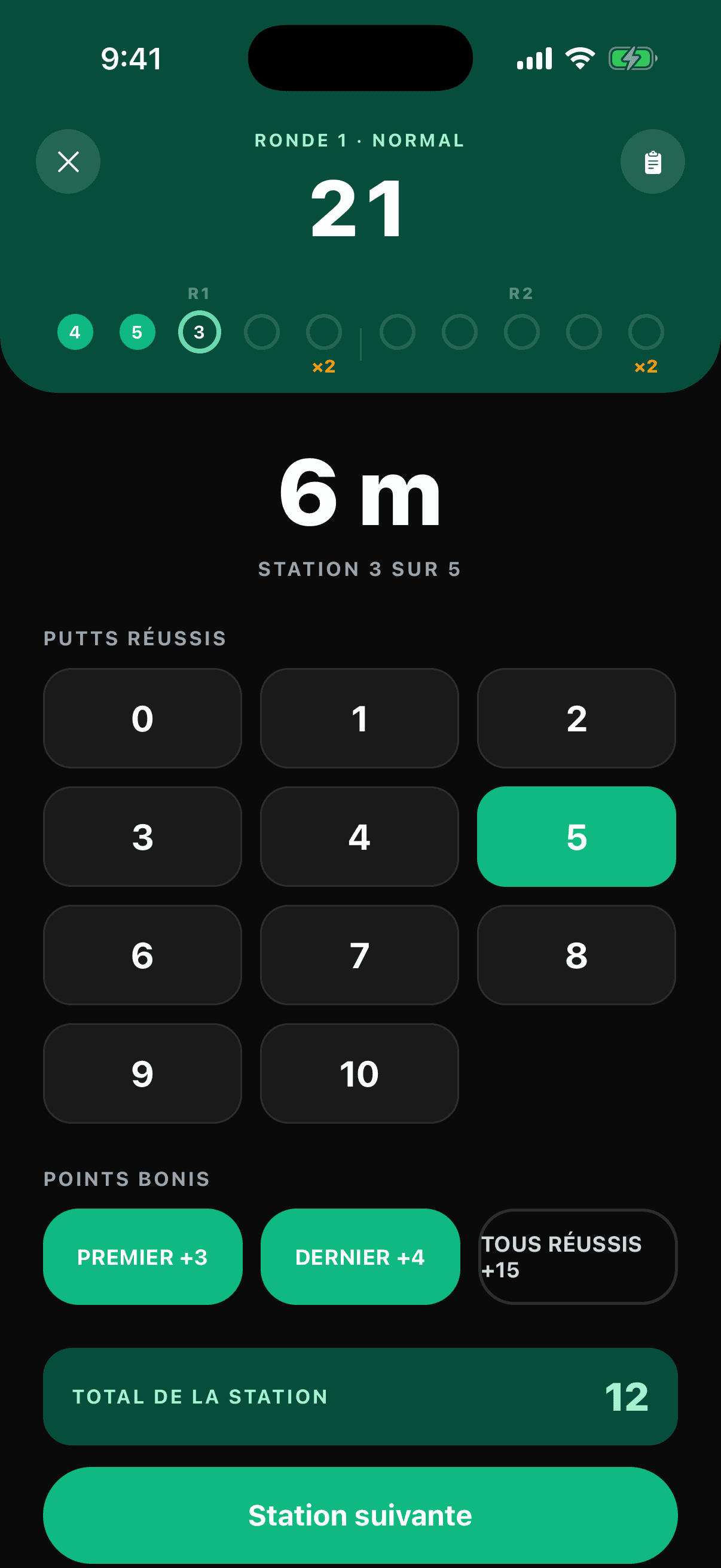 Enregistrement des putts à la station de 10 pieds avec les bonis First In et Last In