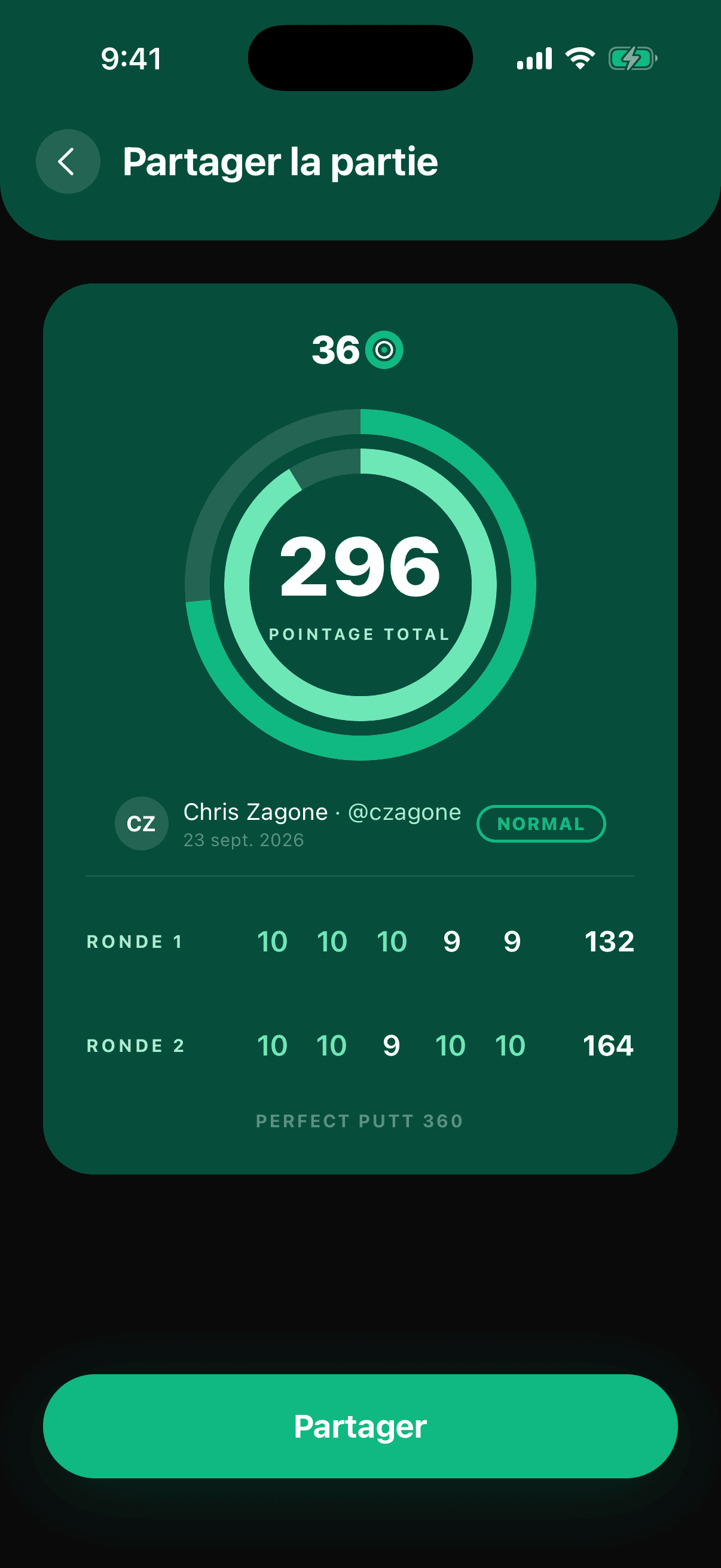 La carte de pointage partageable : total, les deux rondes, et un bouton Partager