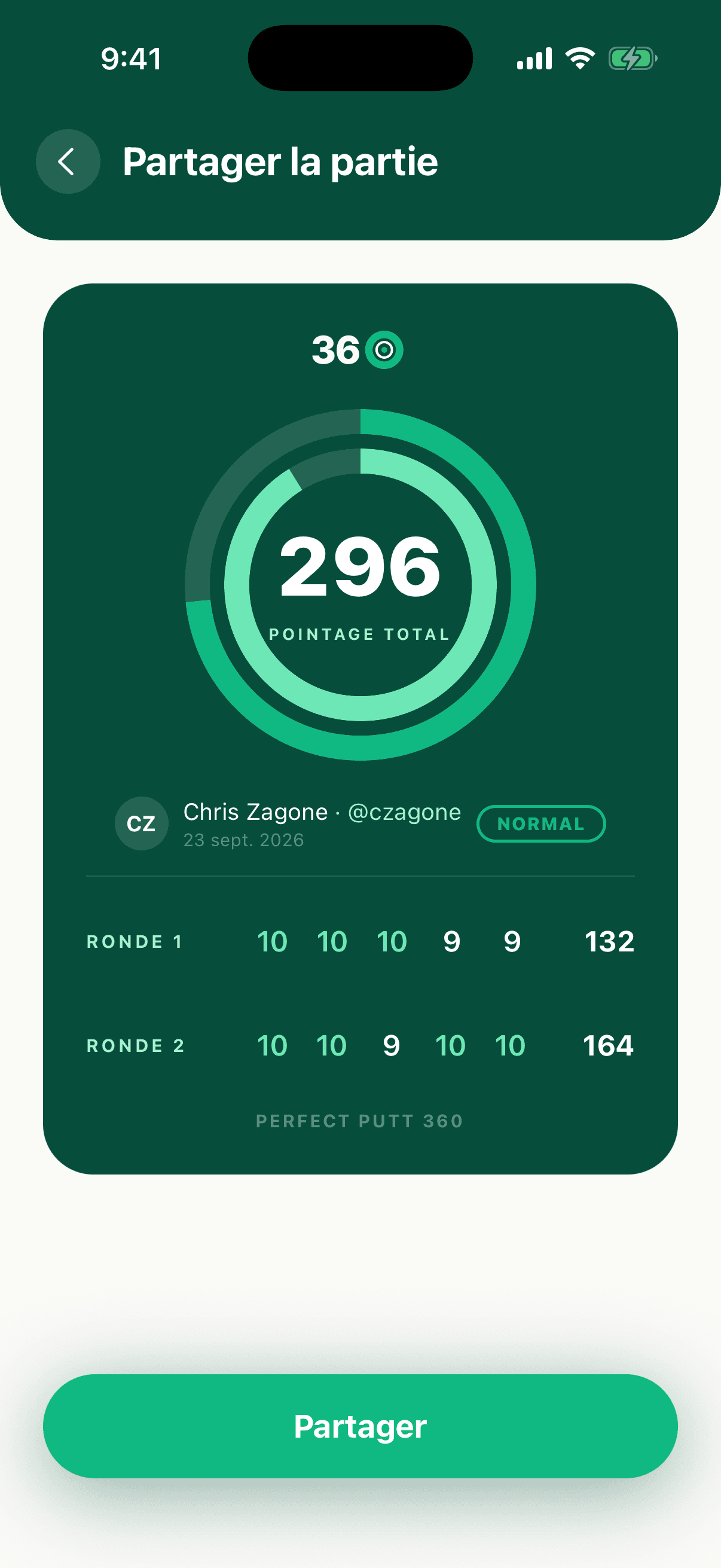La carte de pointage partageable : total, les deux rondes, et un bouton Partager