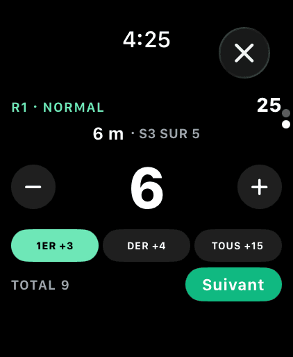 Pointage de la station 3 sur 5, à 6 m, sur Apple Watch avec six putts réussis, le boni First In allumé et un total de station de 9