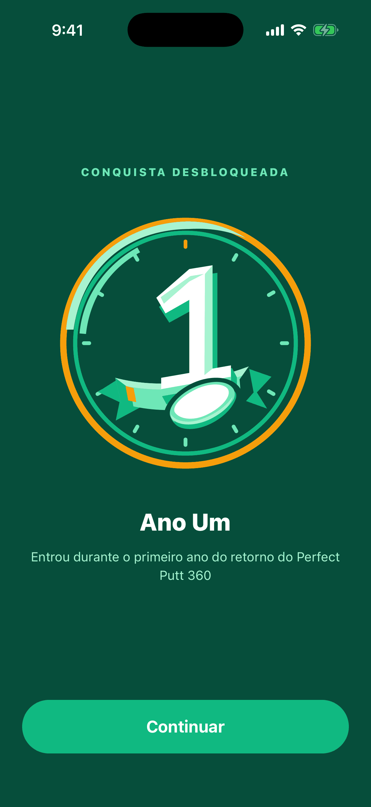 A conquista “Ano Um” sendo desbloqueada no Perfect Putt 360