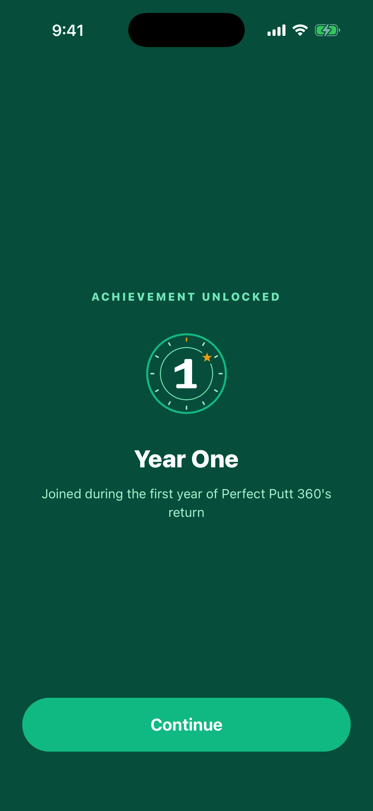 The Year One achievement unlocking in Perfect Putt 360