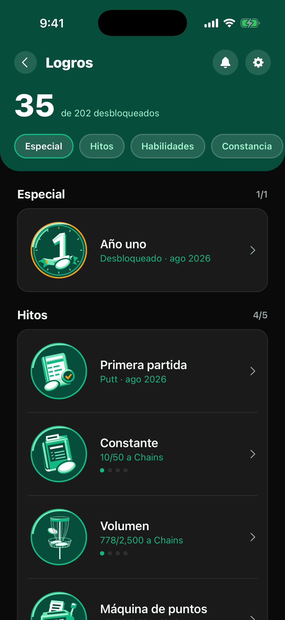 El centro de logros con la insignia Especial Year One desbloqueada