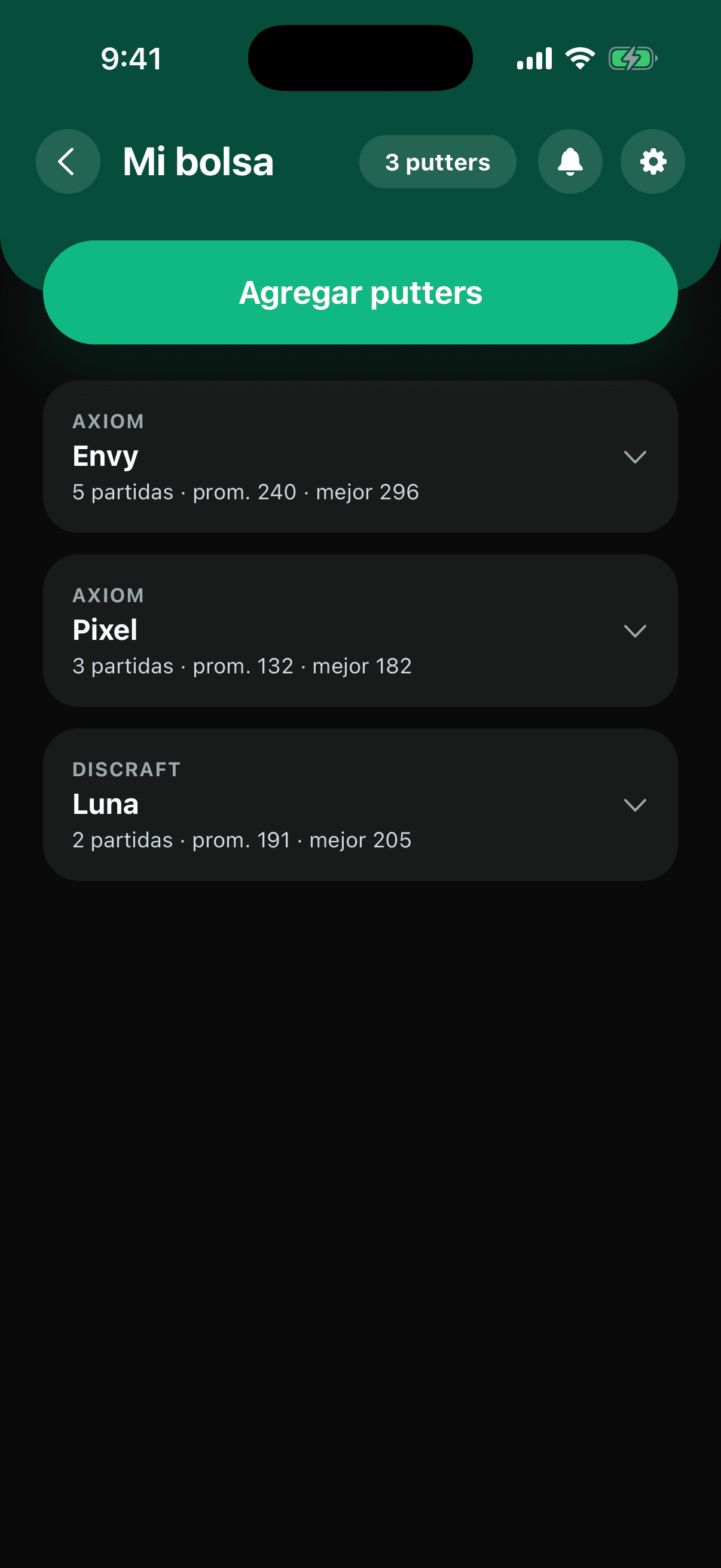 Mi bolsa con tres putters y su uso por partida