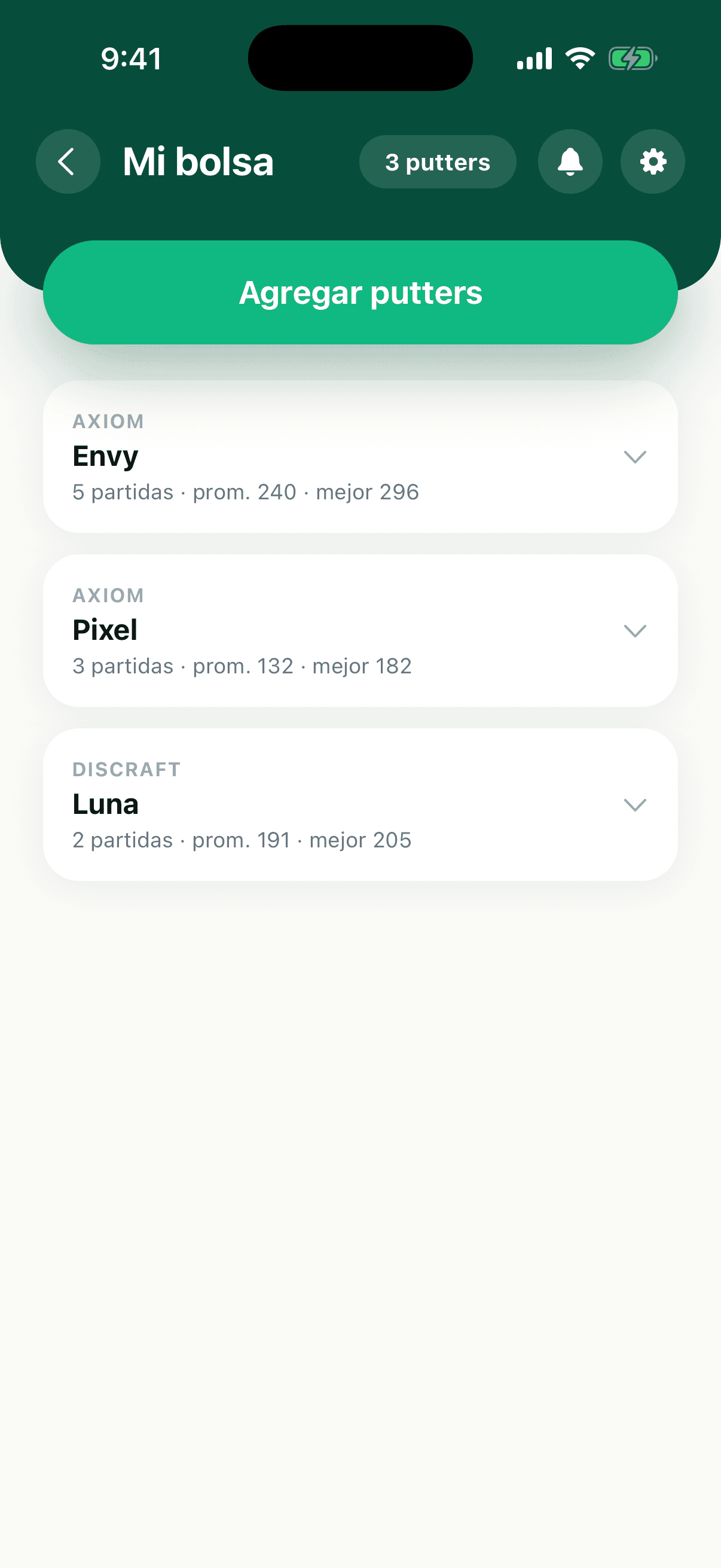 Mi bolsa con tres putters y su uso por partida