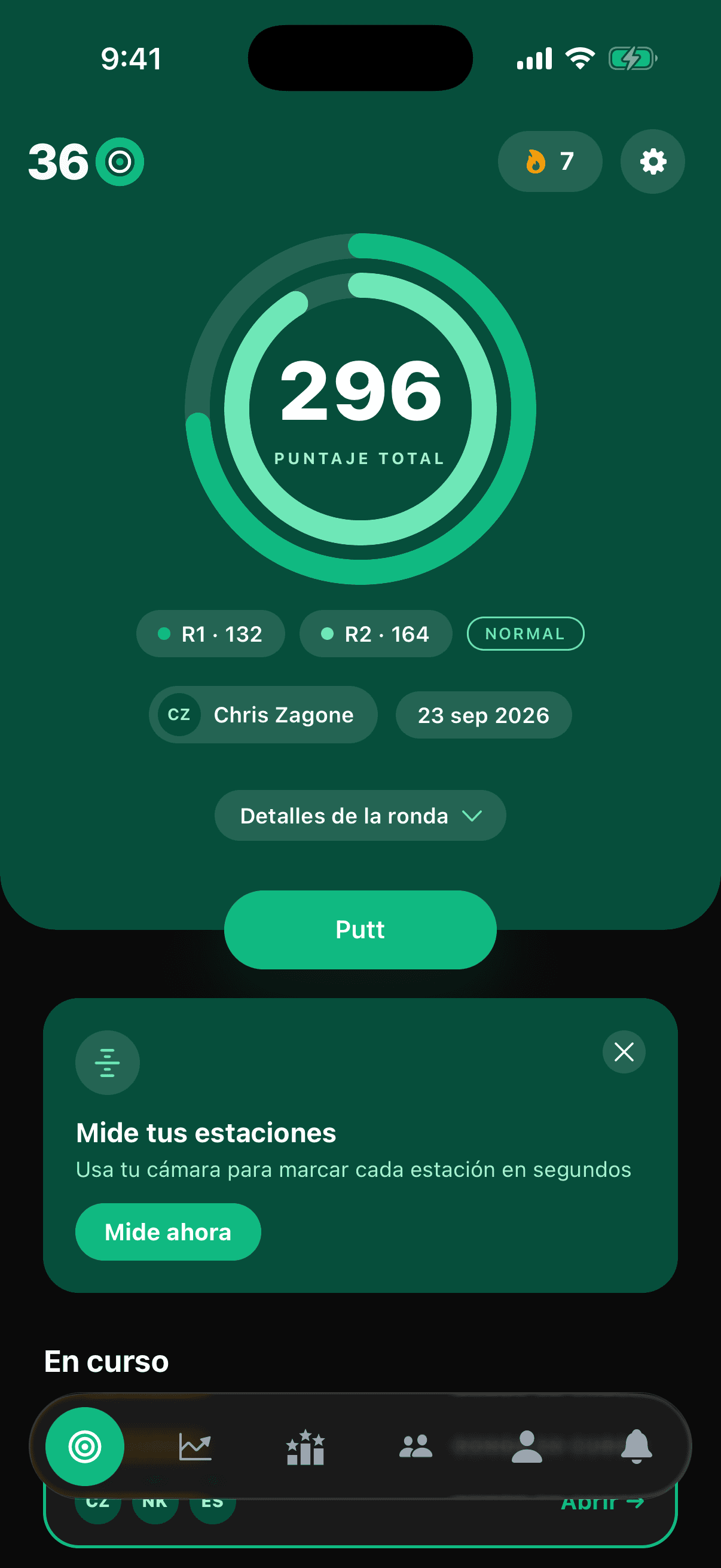 La pantalla de inicio de Perfect Putt 360 con un puntaje de 296 y las rondas recientes