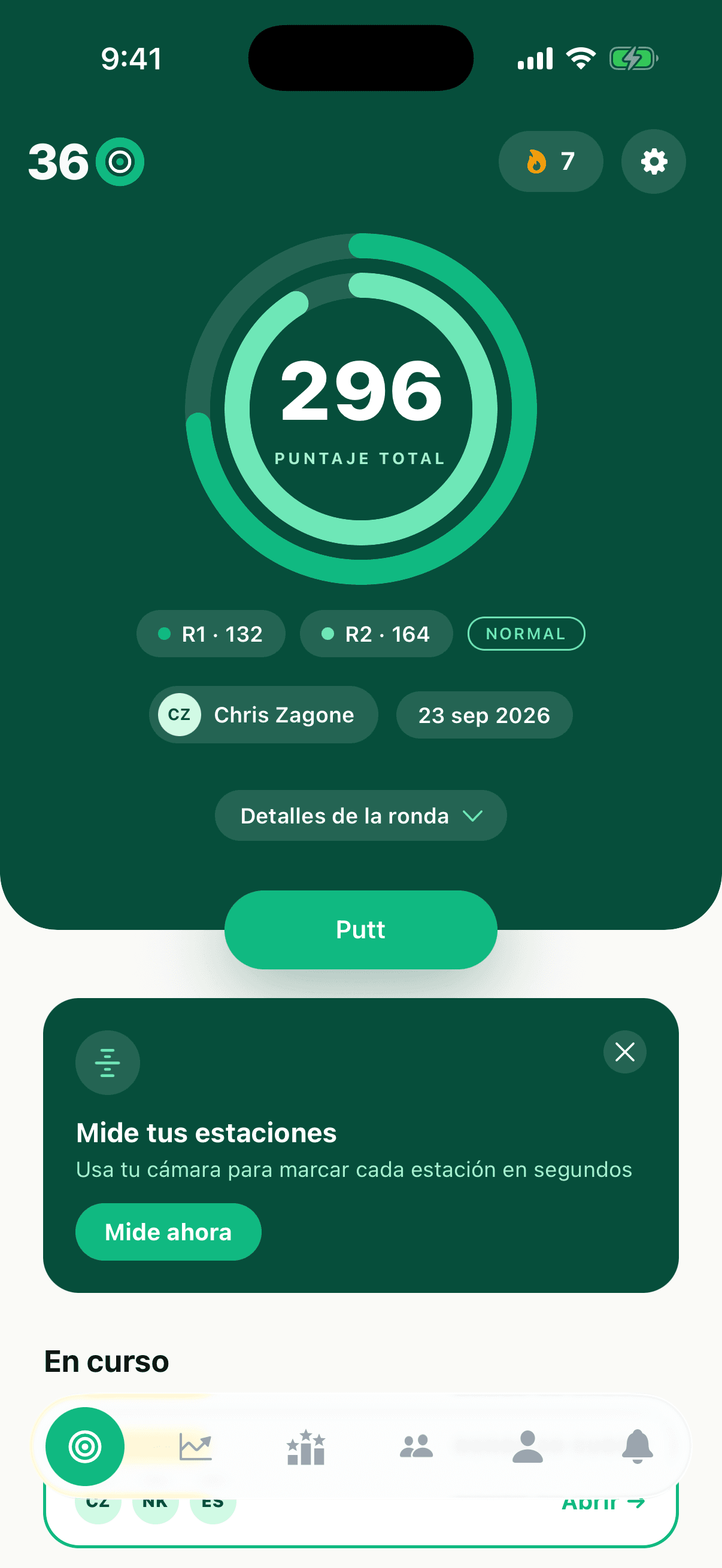 La pantalla de inicio de Perfect Putt 360 con un puntaje de 296 y las rondas recientes