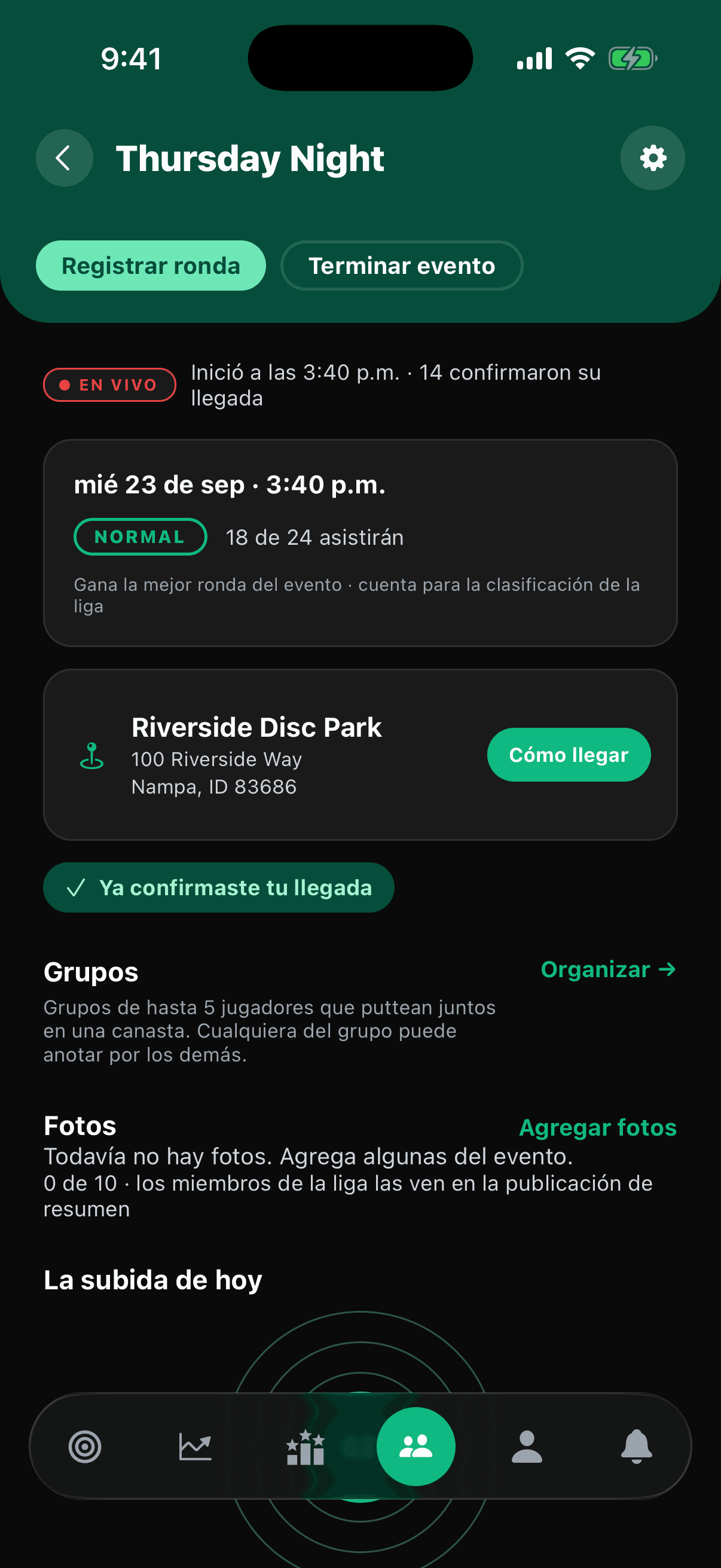 Un evento de liga en curso con el tablero de posiciones en vivo