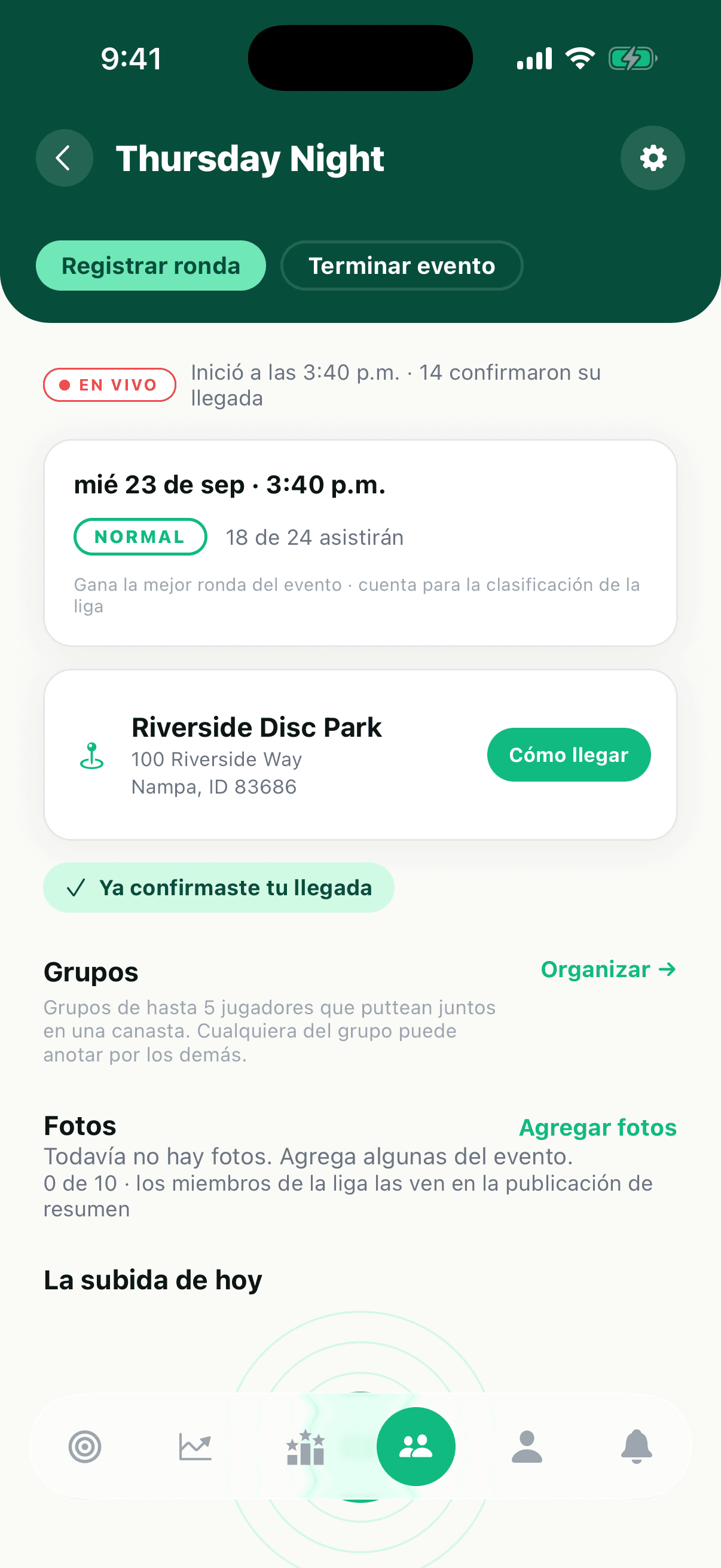 Un evento de liga en curso con el tablero de posiciones en vivo