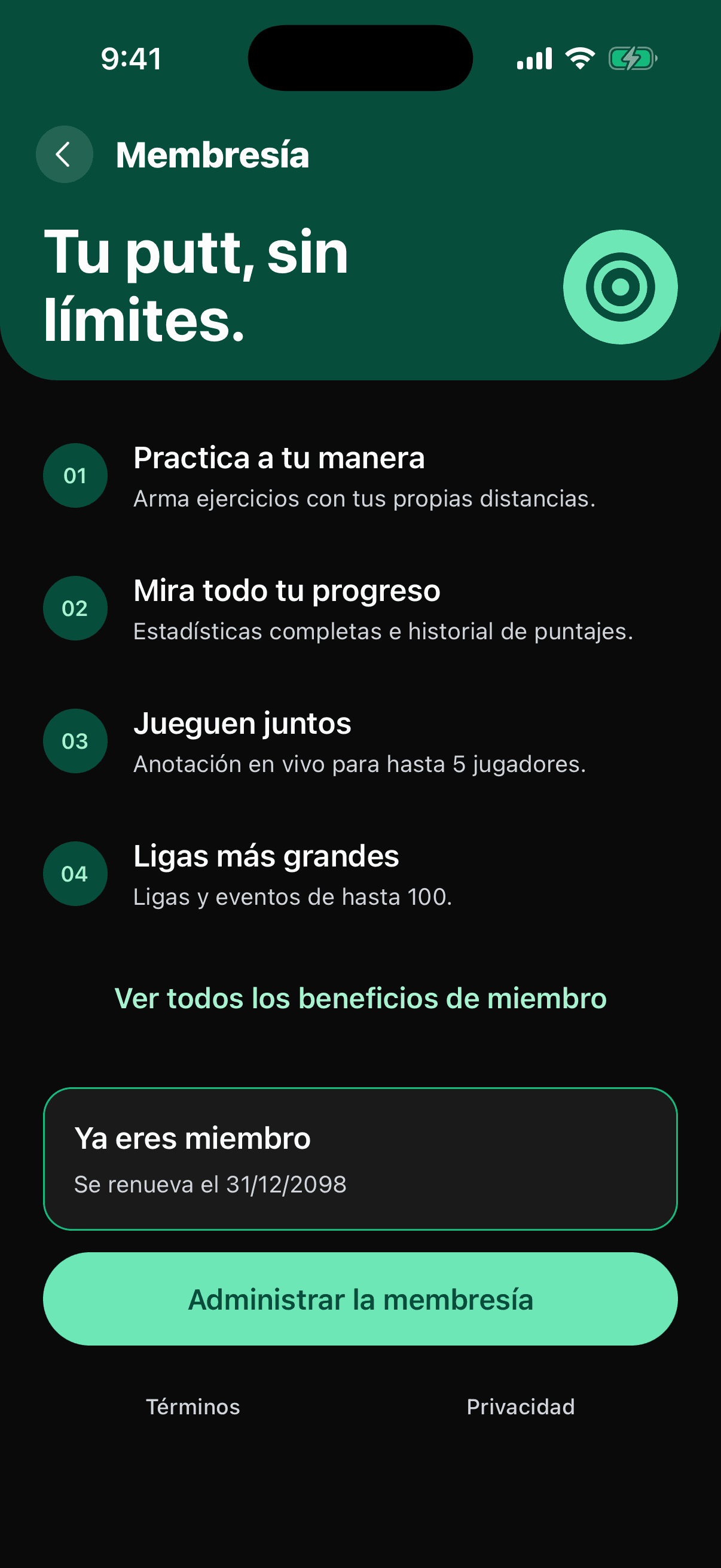 La pantalla de membresía dentro de la app, para un miembro activo