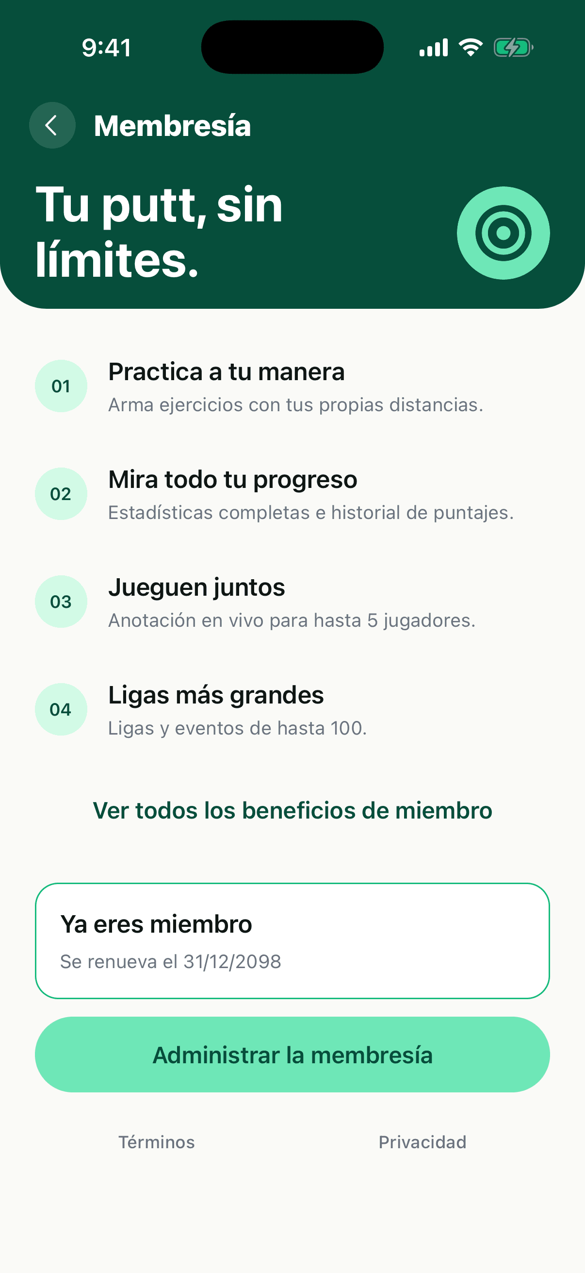 La pantalla de membresía dentro de la app, para un miembro activo