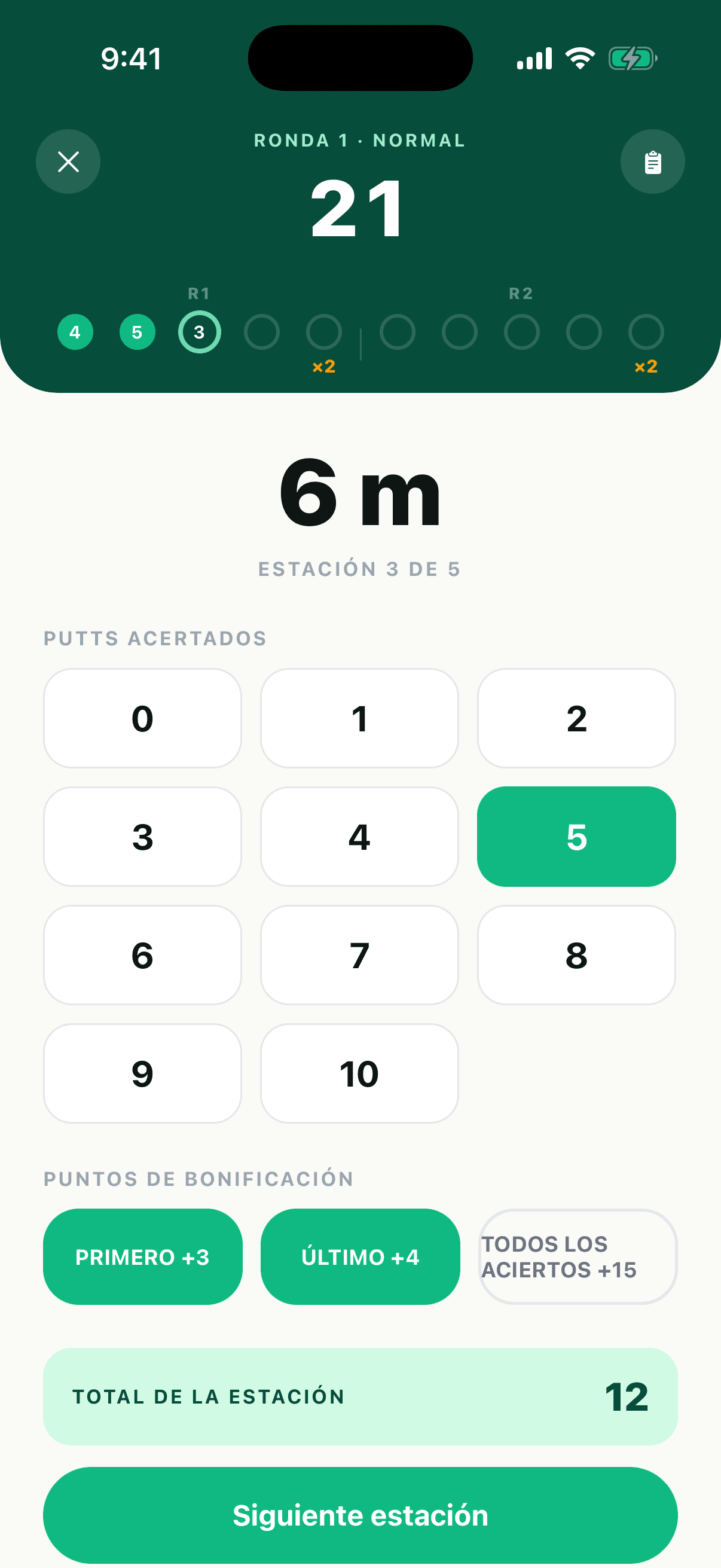 Registro de putts en la estación de 10 pies con los bonos First In y Last In