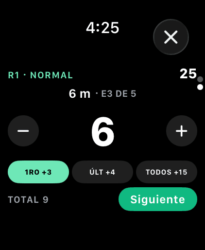 Anotando la estación 3 de 5, a 6 m, en Apple Watch con seis putts dentro, el bono First In encendido y un total de estación de 9