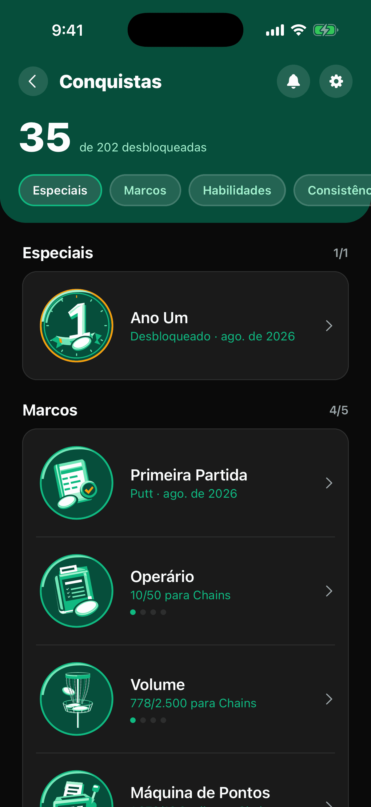 O hub de conquistas com a Especial Ano Um desbloqueada