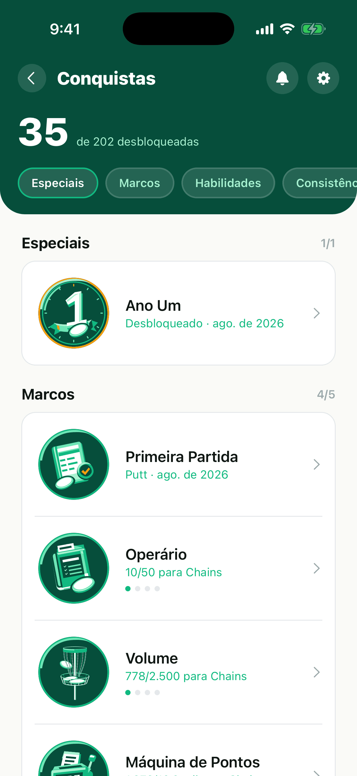 O hub de conquistas com a Especial Ano Um desbloqueada