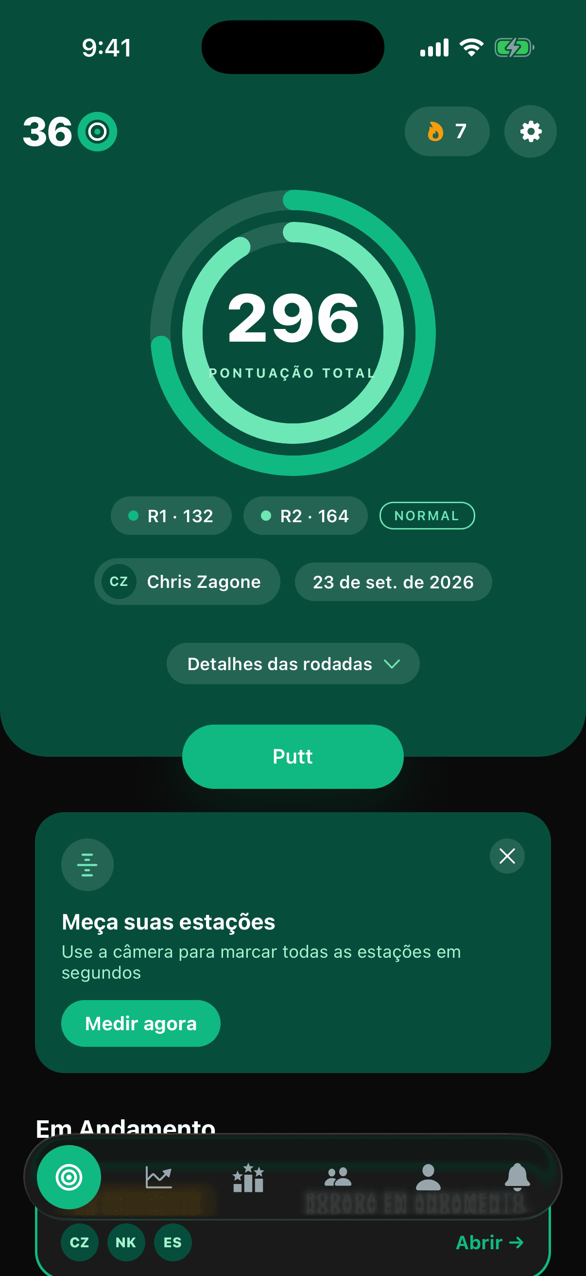 A tela inicial do Perfect Putt 360 mostrando uma pontuação de 296 e as rodadas recentes