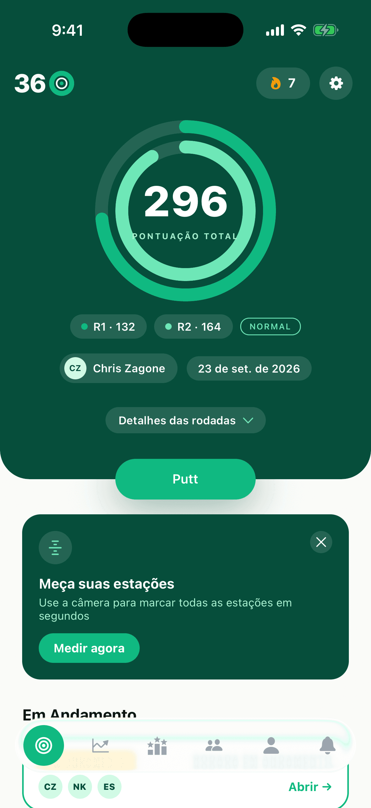 A tela inicial do Perfect Putt 360 mostrando uma pontuação de 296 e as rodadas recentes