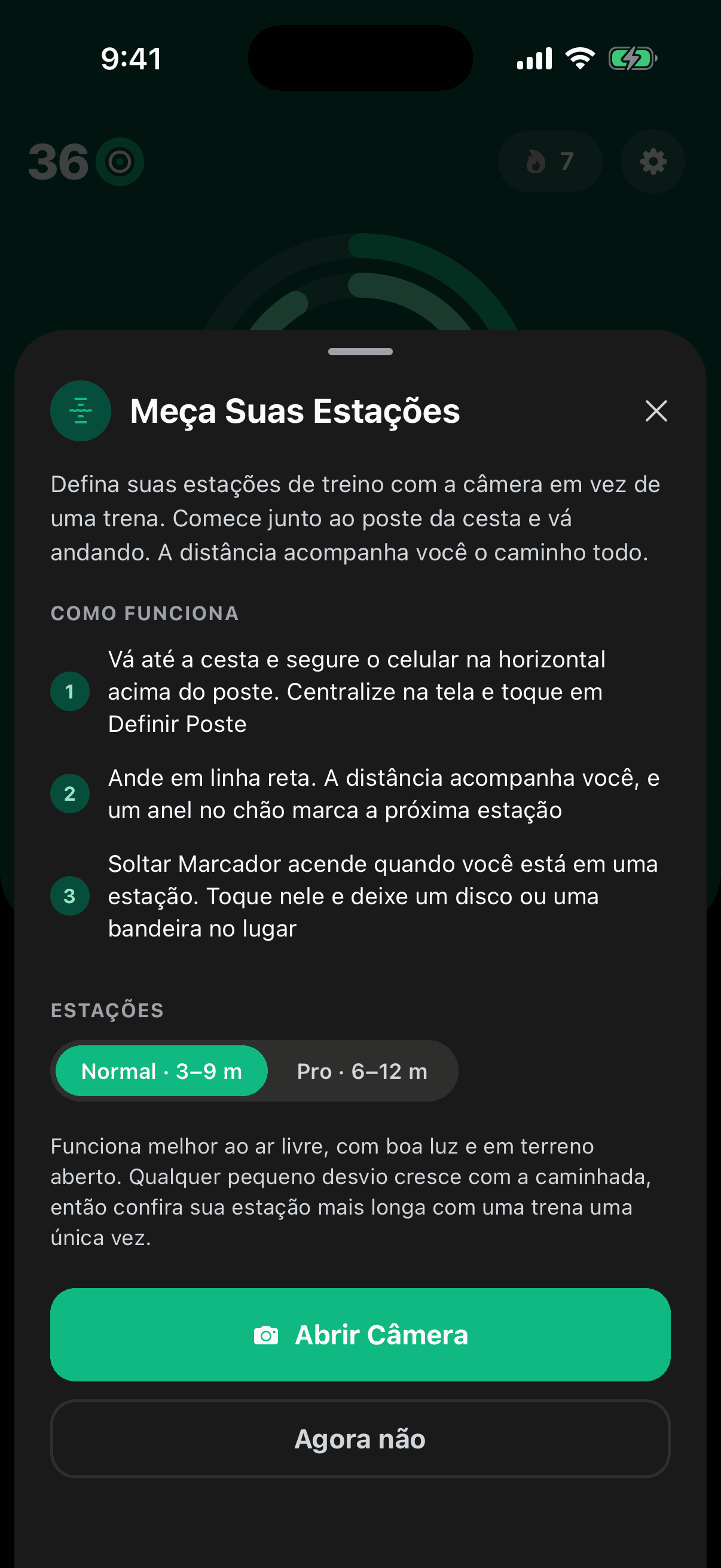 A tela Meça Suas Estações explicando como funciona a montagem de estações por RA