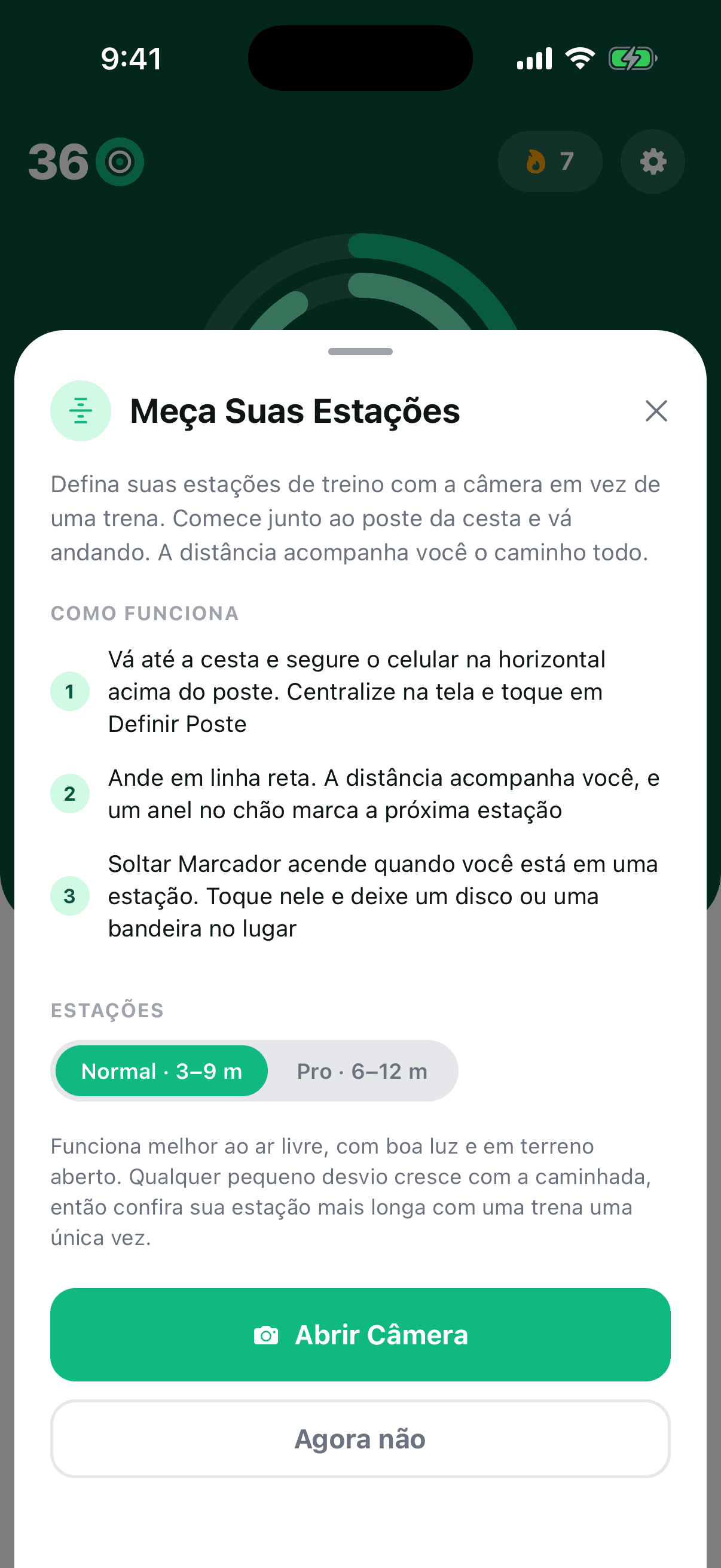 A tela Meça Suas Estações explicando como funciona a montagem de estações por RA