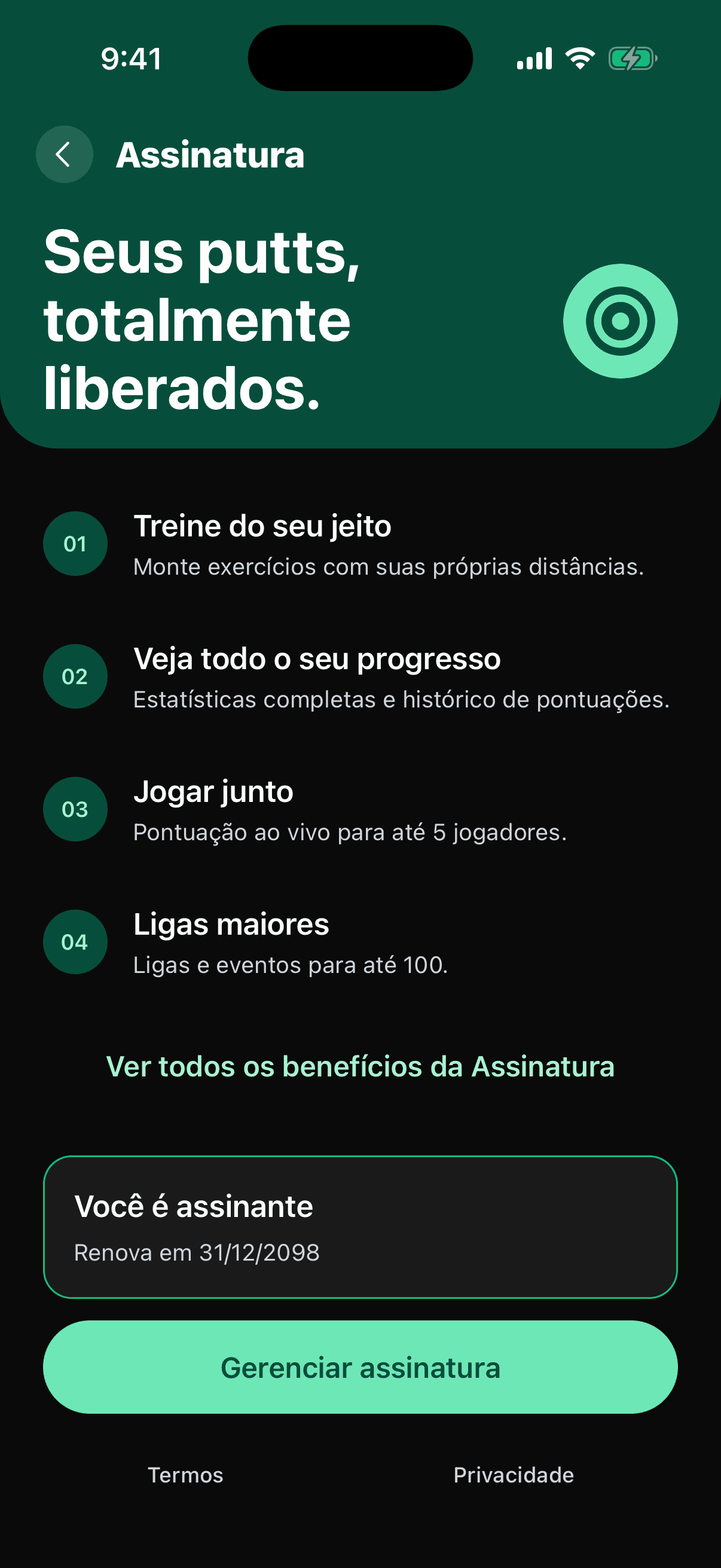 A tela de Assinatura no app para um assinante ativo