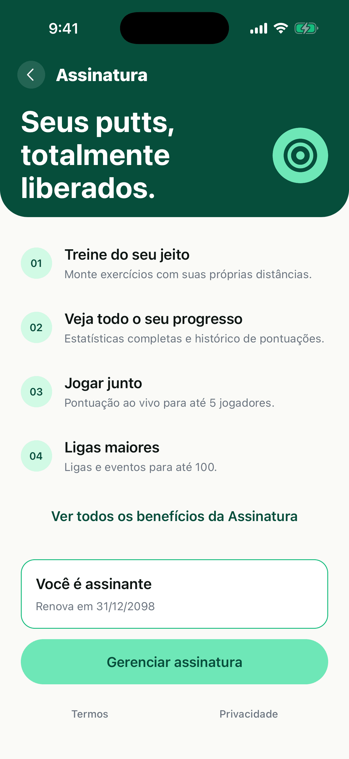 A tela de Assinatura no app para um assinante ativo