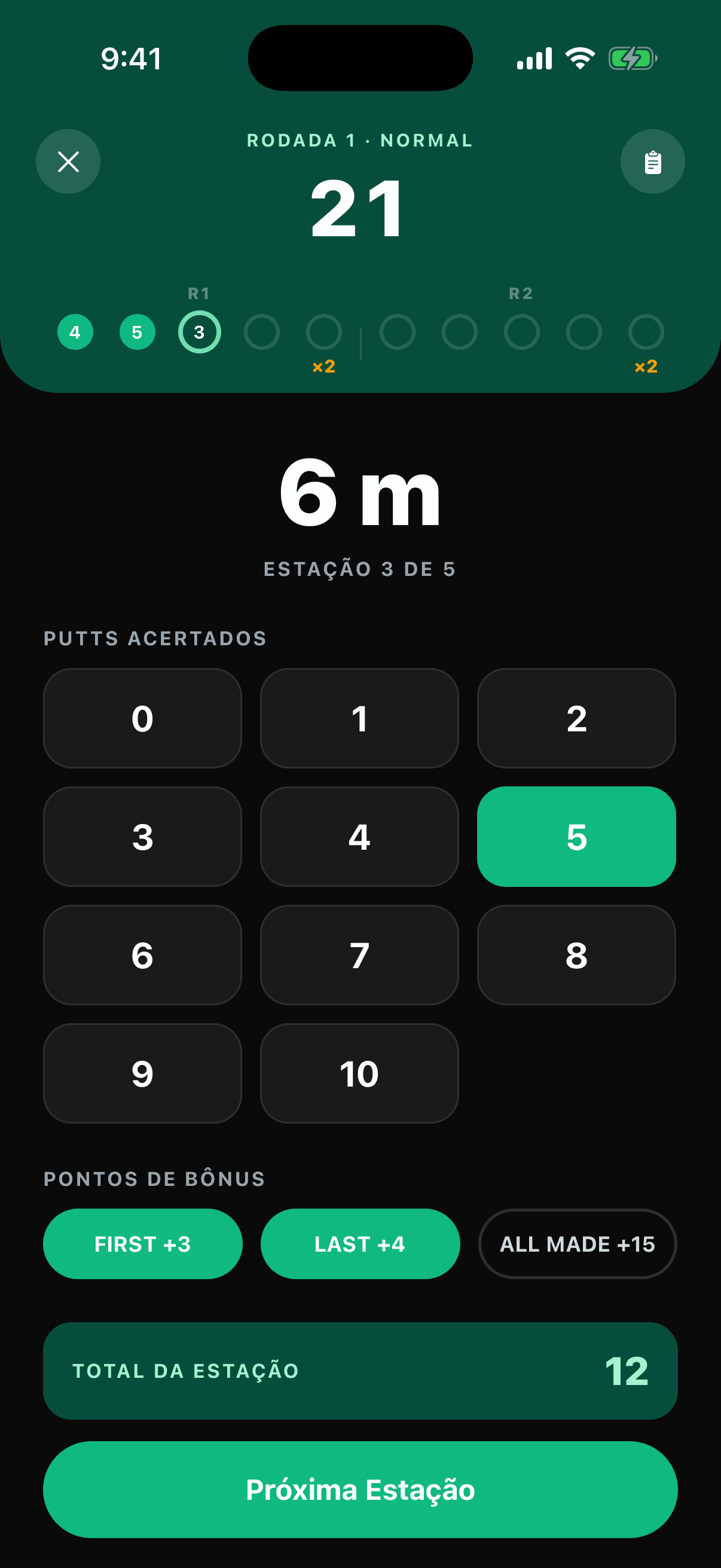 Registrando putts na estação de 10 pés com os bônus First In e Last In
