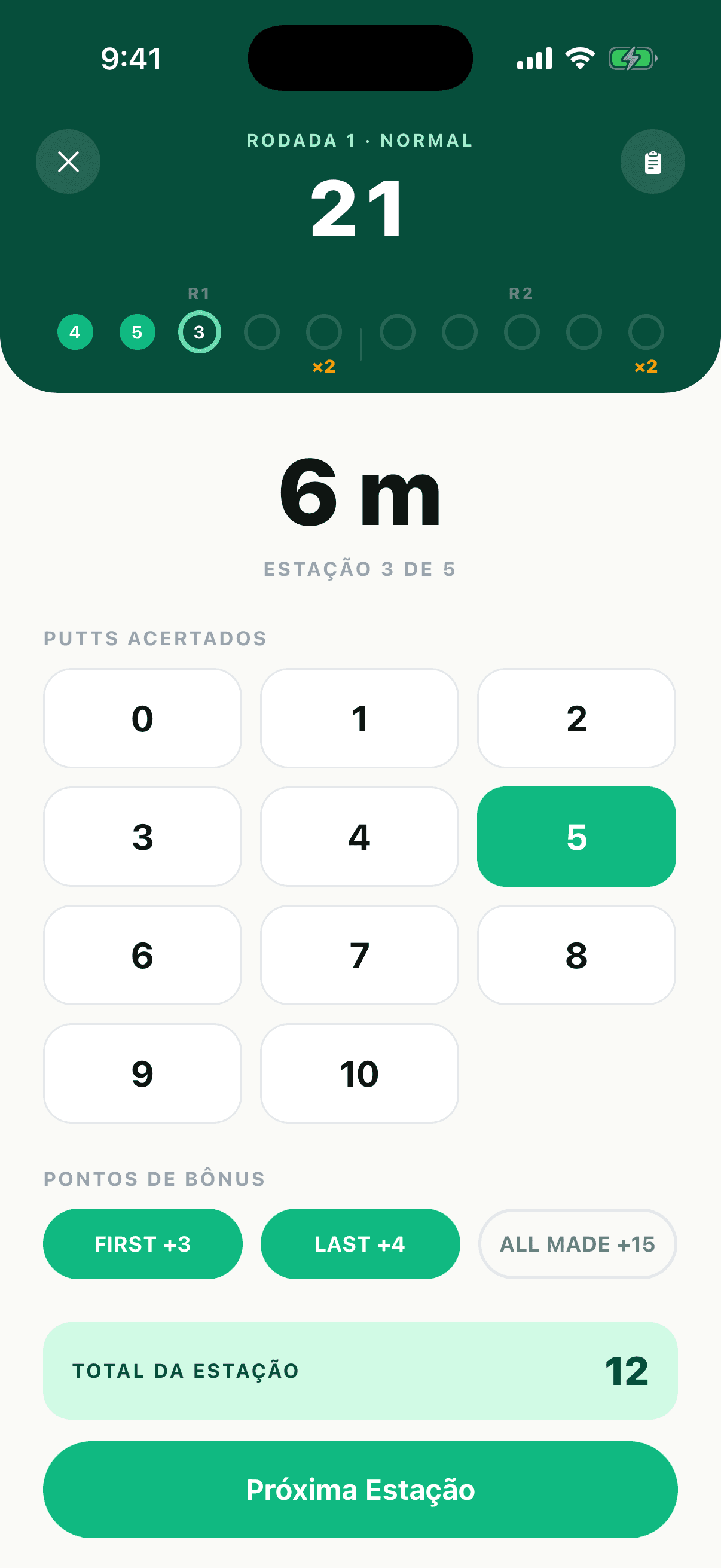 Registrando putts na estação de 10 pés com os bônus First In e Last In