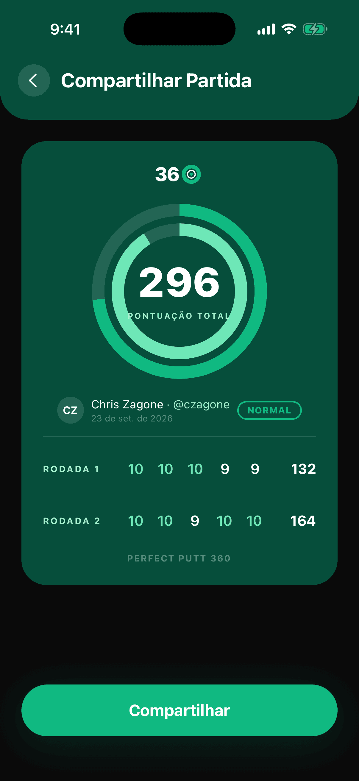 O cartão de pontuação compartilhável: total, as duas rodadas e um botão Compartilhar