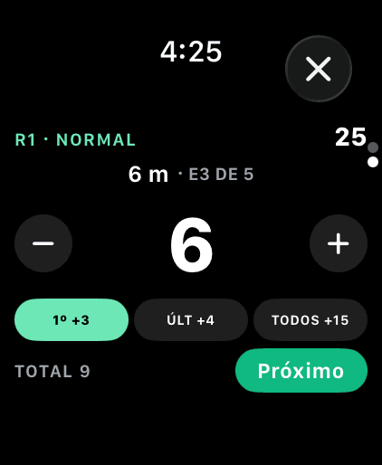 Pontuando a estação 3 de 5, a 6 m, no Apple Watch com seis putts dentro, o bônus First In aceso e um total de estação de 9