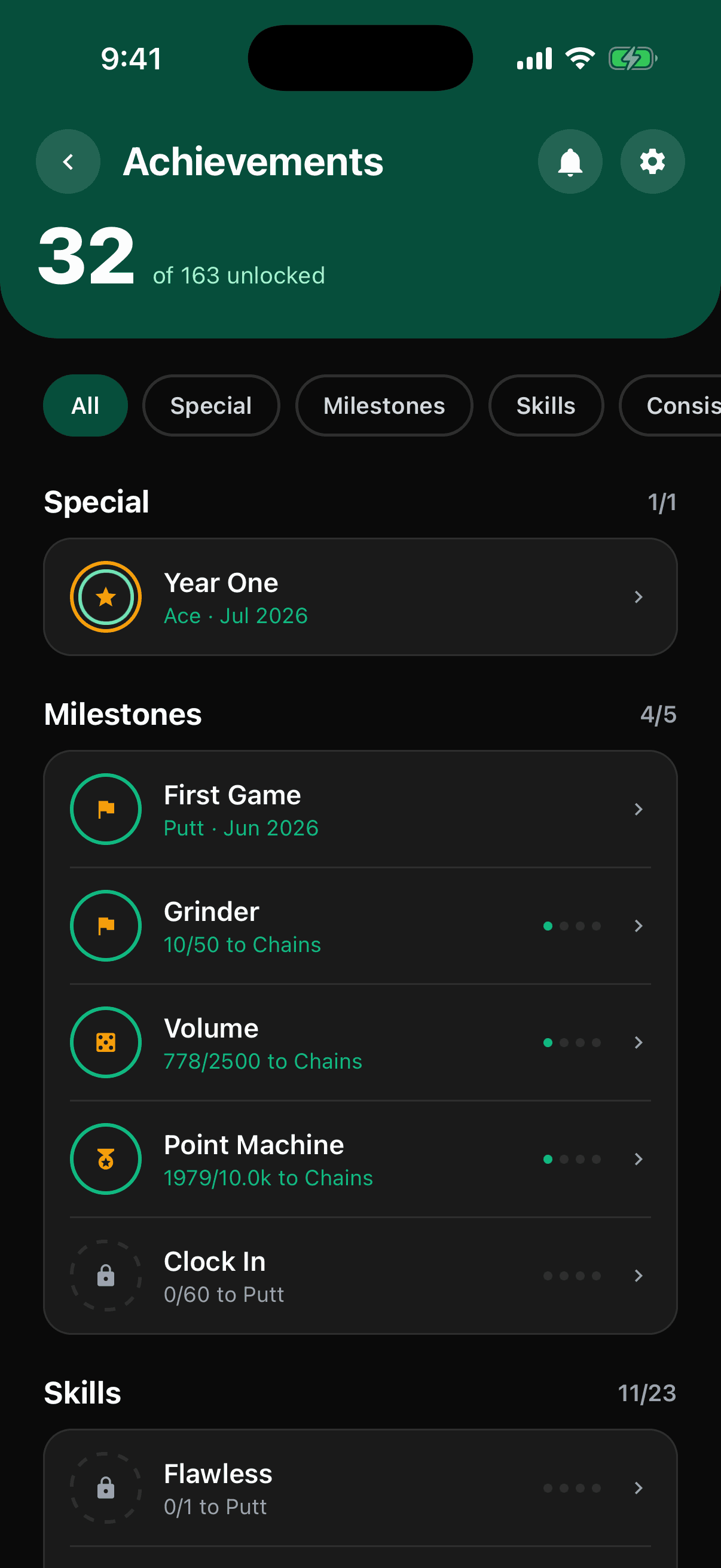 The achievements hub with the Special Year One badge unlocked