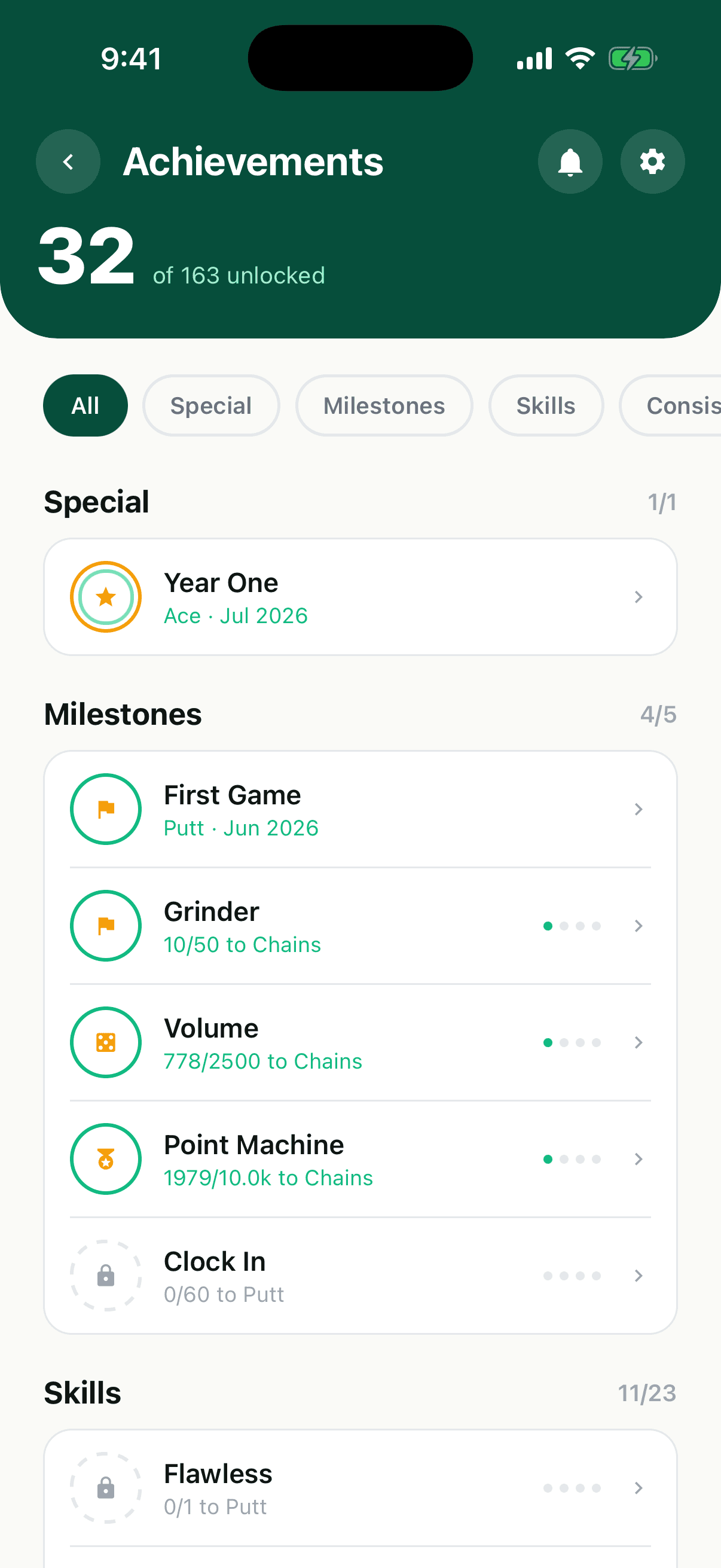 The achievements hub with the Special Year One badge unlocked