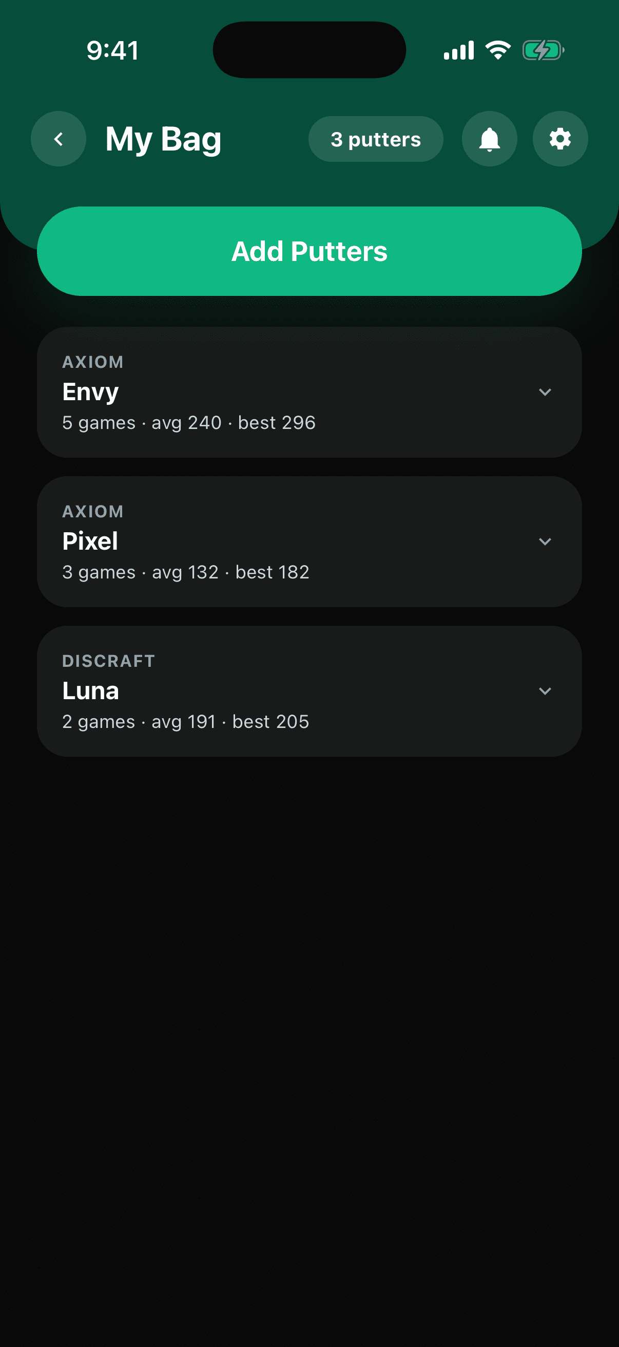 My Bag listing three putters with their per-game usage