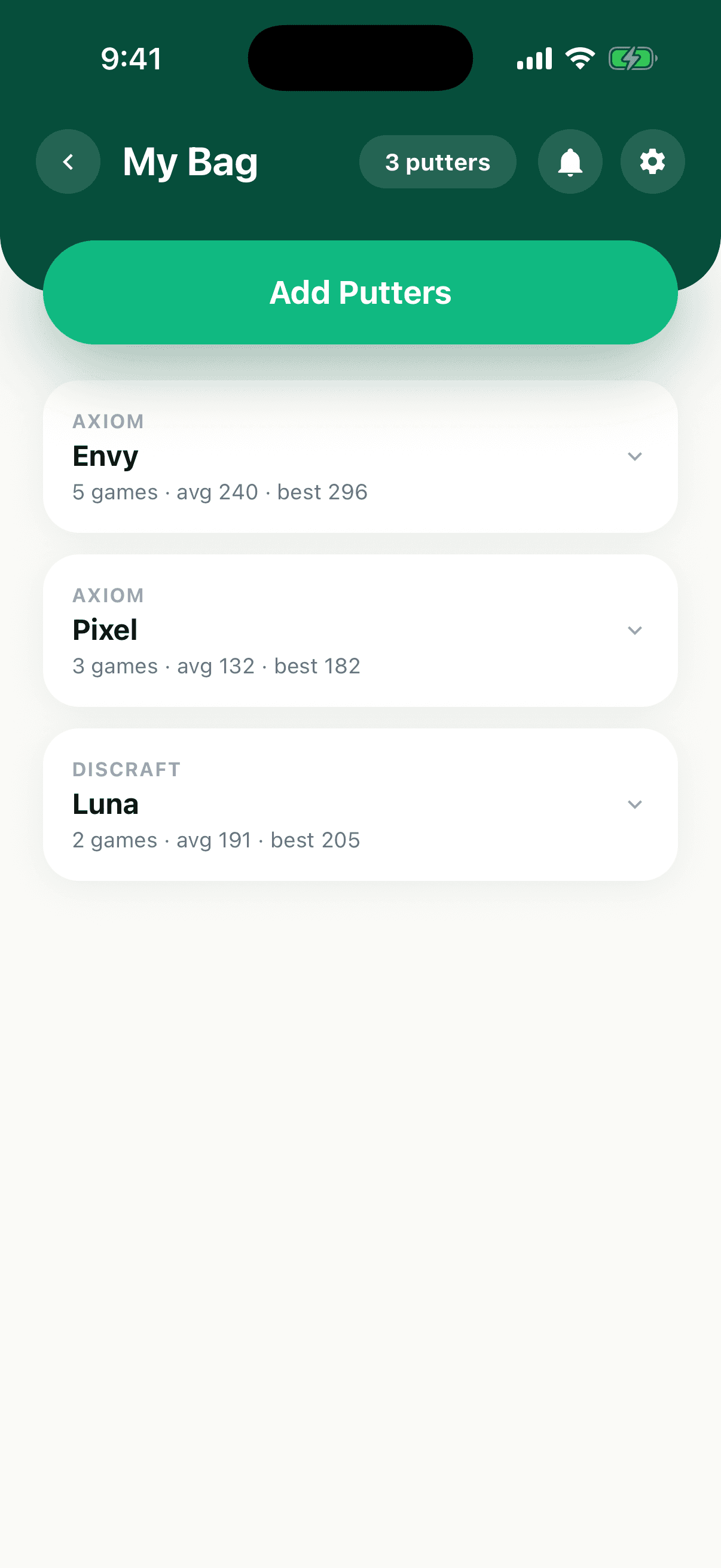 My Bag listing three putters with their per-game usage