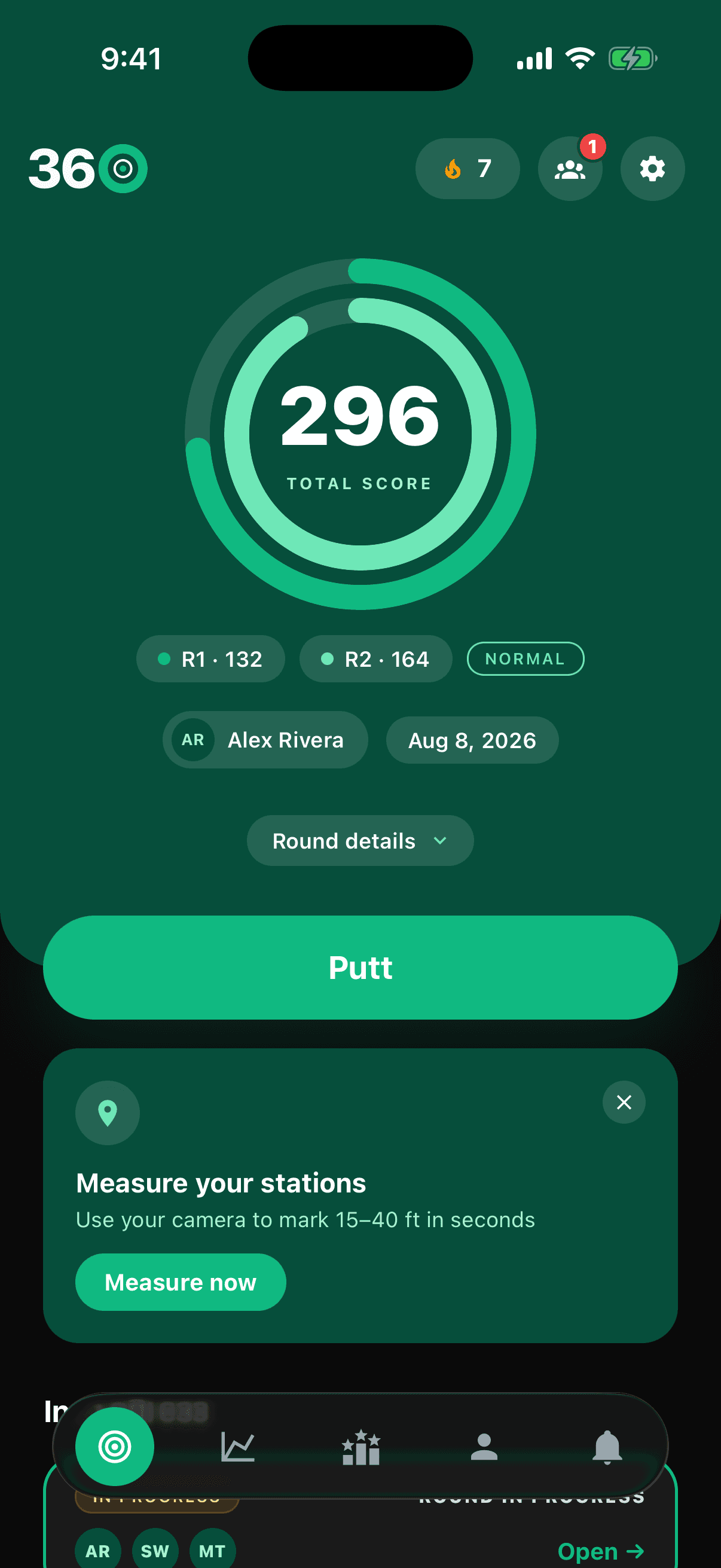 The Perfect Putt 360 home screen showing a 296 score and recent rounds