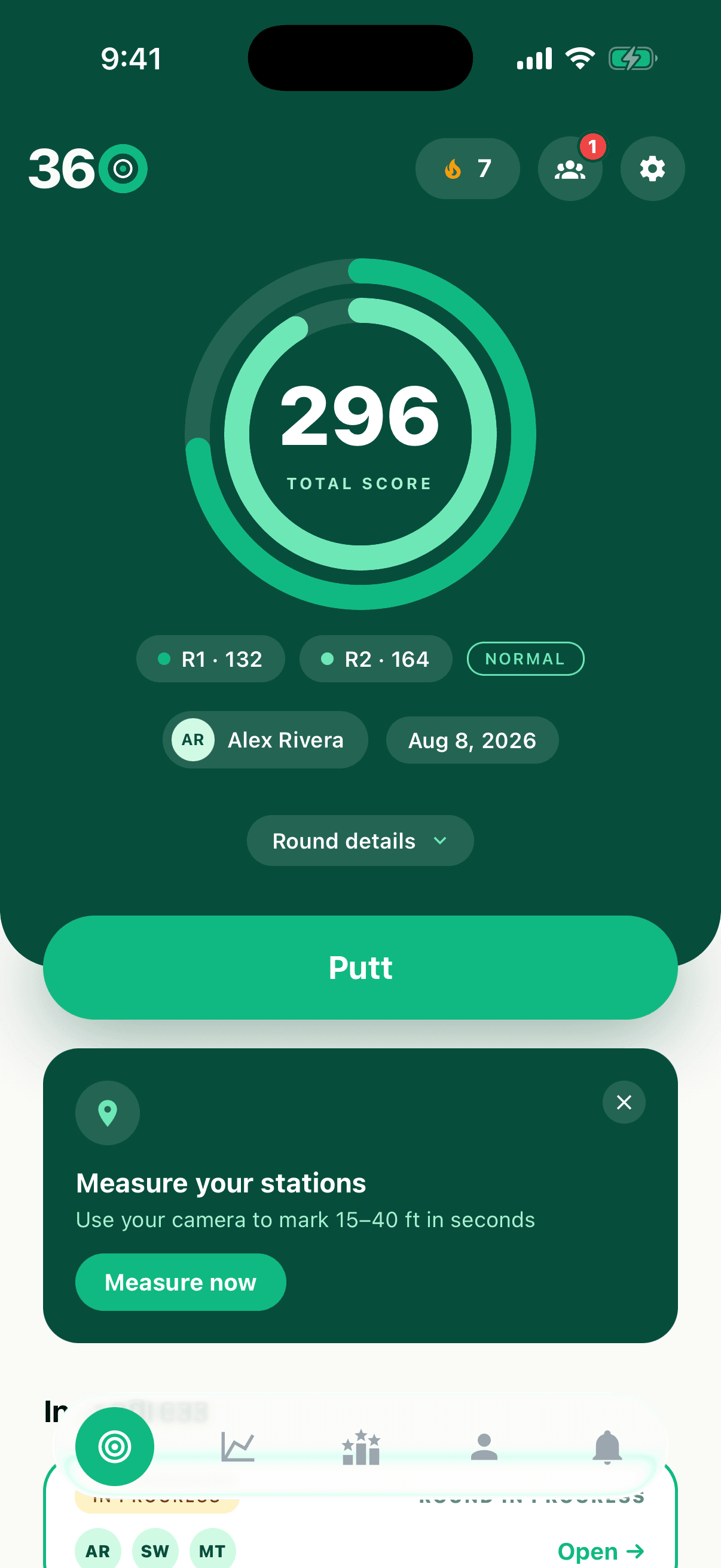 The Perfect Putt 360 home screen showing a 296 score and recent rounds