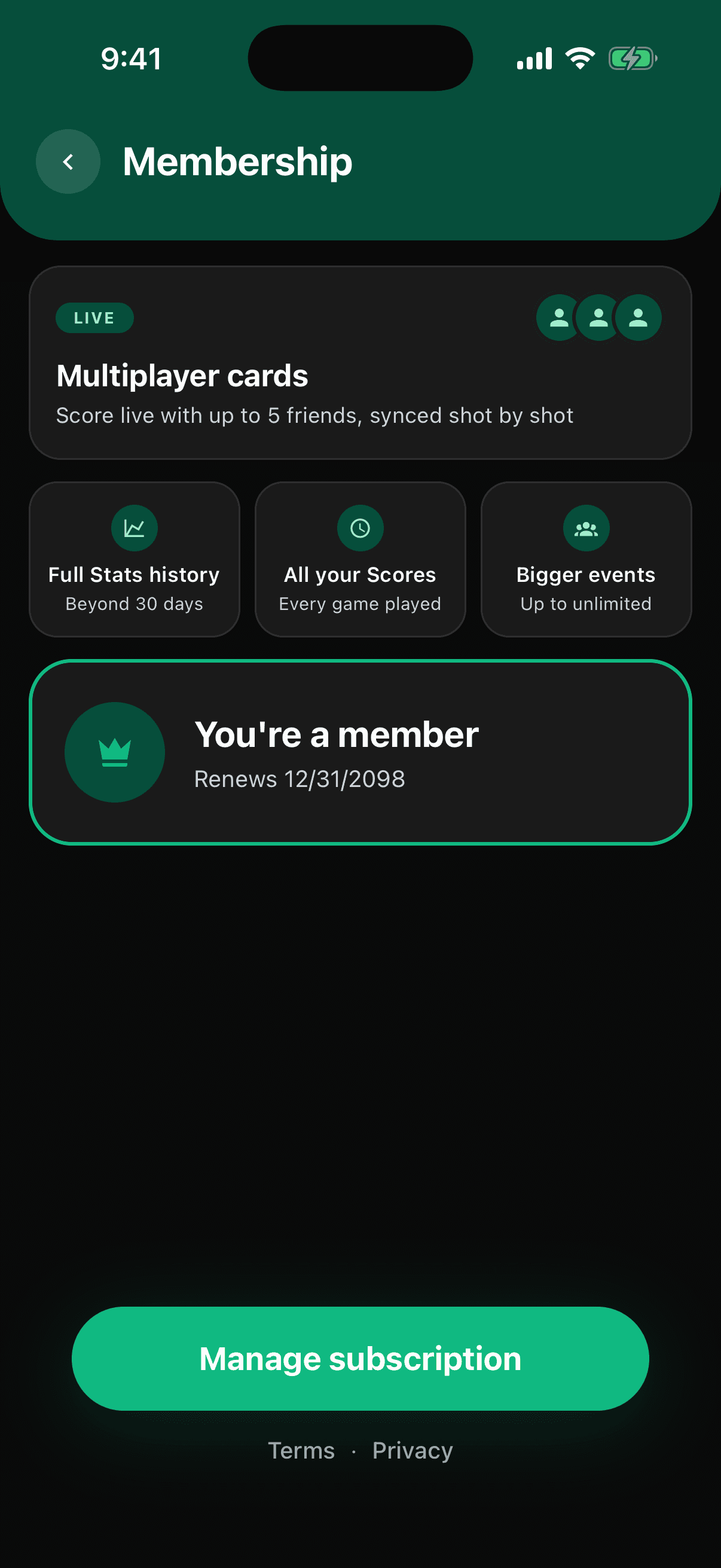 The in-app membership screen showing the monthly and annual plans