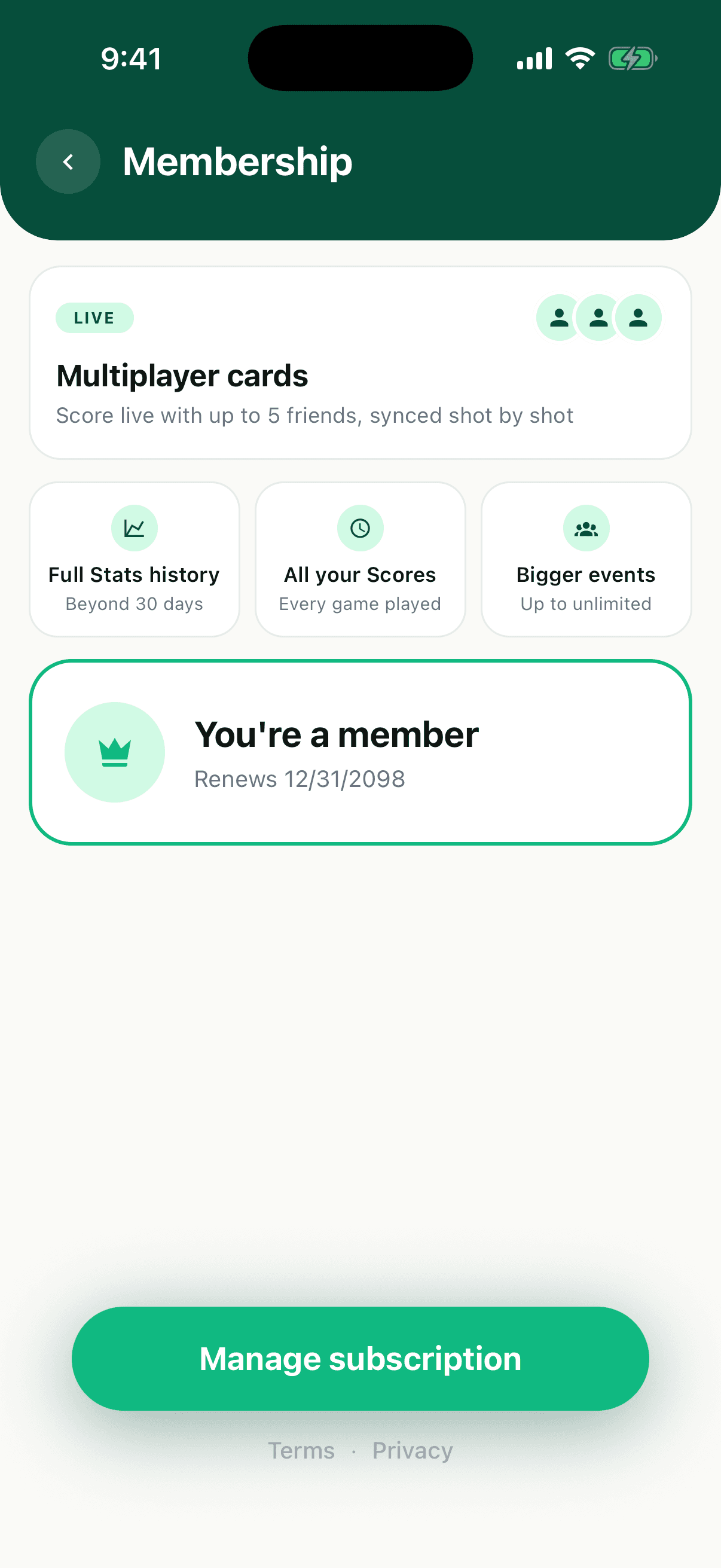 The in-app membership screen showing the monthly and annual plans