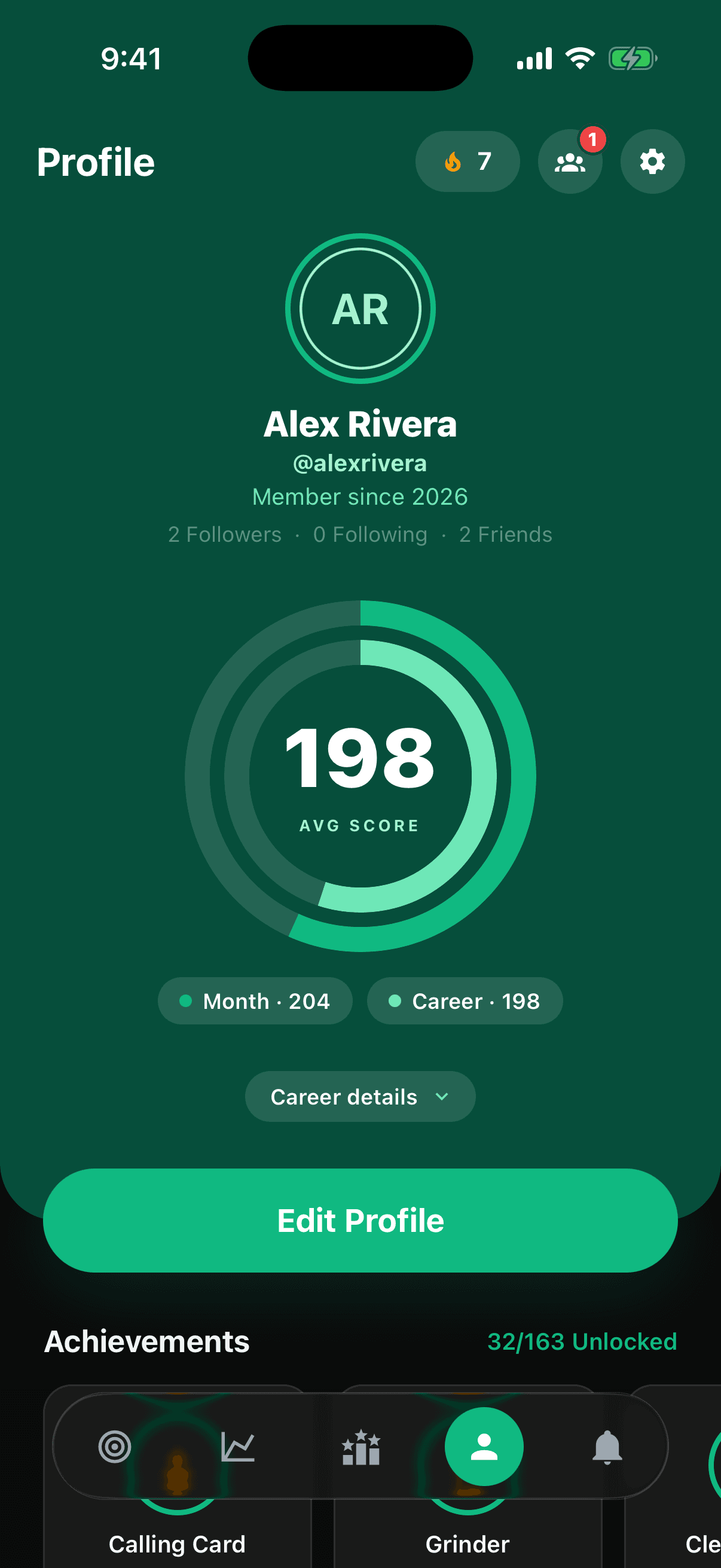 A player profile with handle, streak, badge case and recent rounds