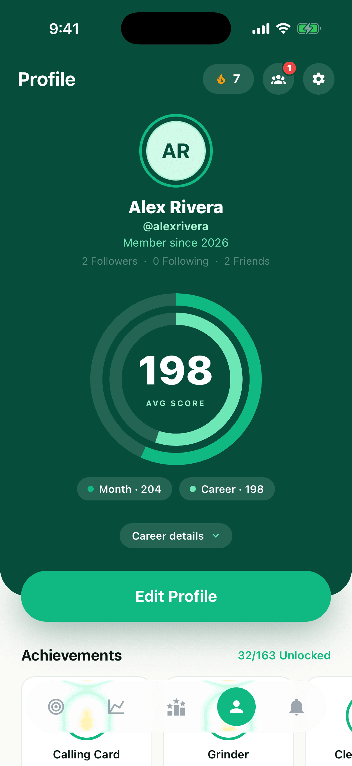 A player profile with handle, streak, badge case and recent rounds