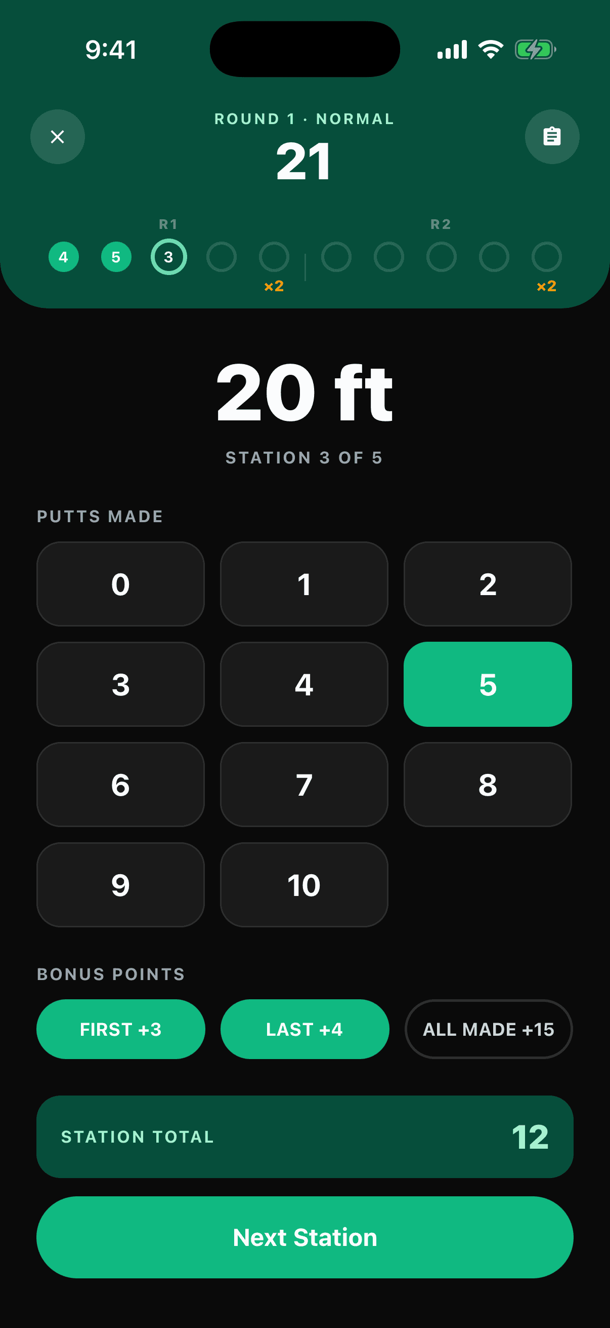 Logging putts at the 10 ft station with First In and Last In bonuses
