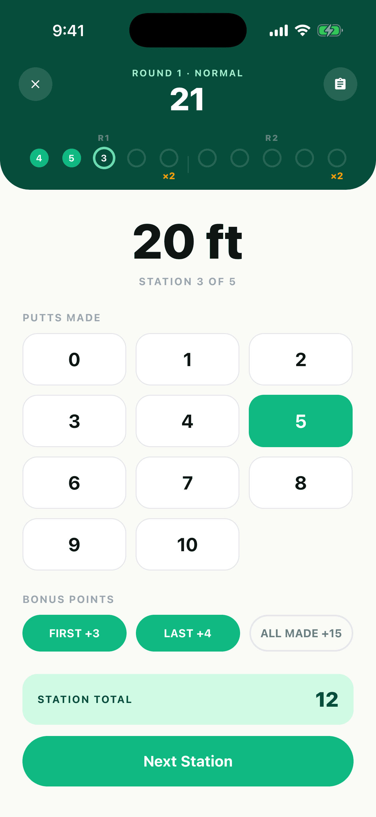 Logging putts at the 10 ft station with First In and Last In bonuses