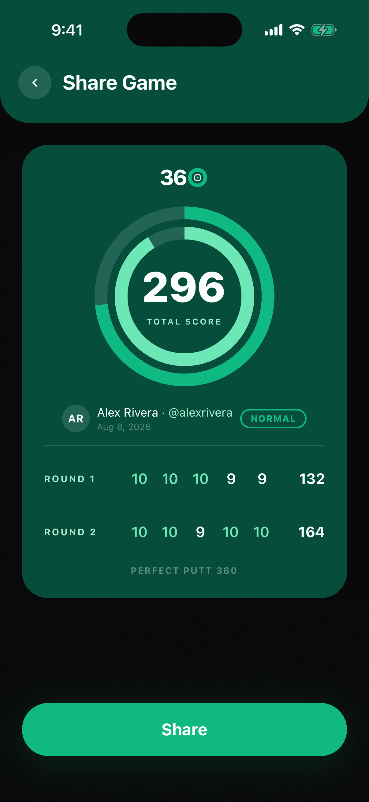 The shareable scorecard: total, both rounds, and a Share button