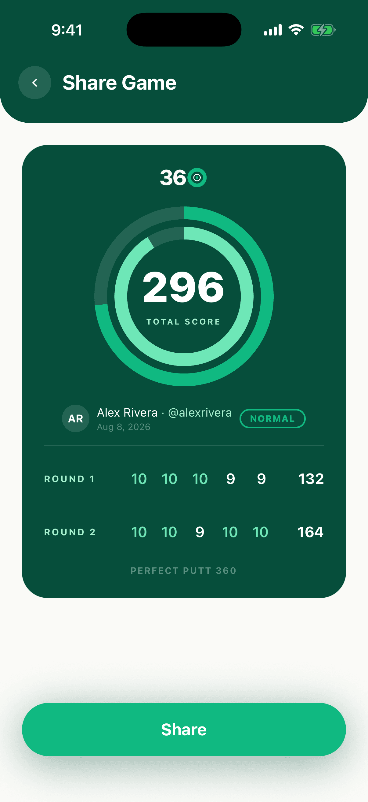 The shareable scorecard: total, both rounds, and a Share button