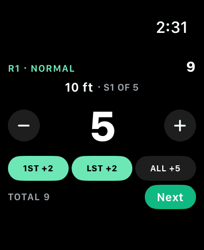Scoring the 10 ft station on Apple Watch — five putts in, First In and Last In bonuses lit, total 9