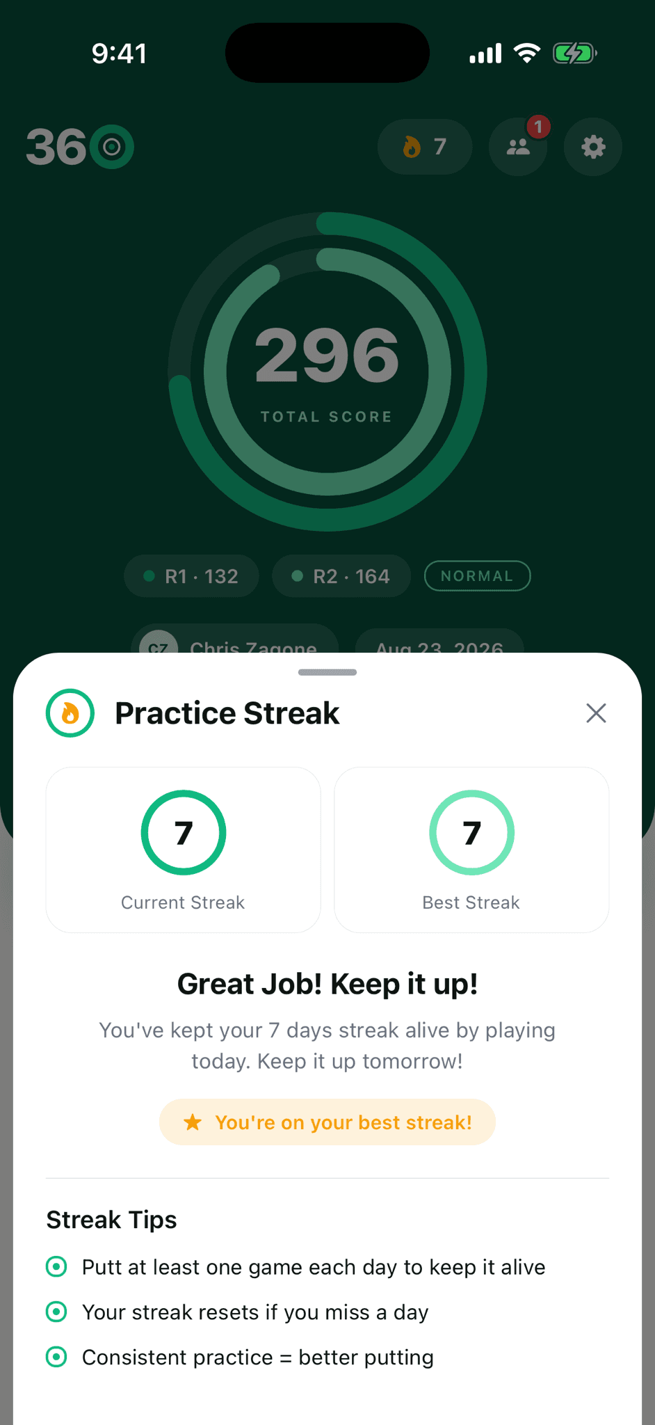The practice streak screen showing a user's practice streak