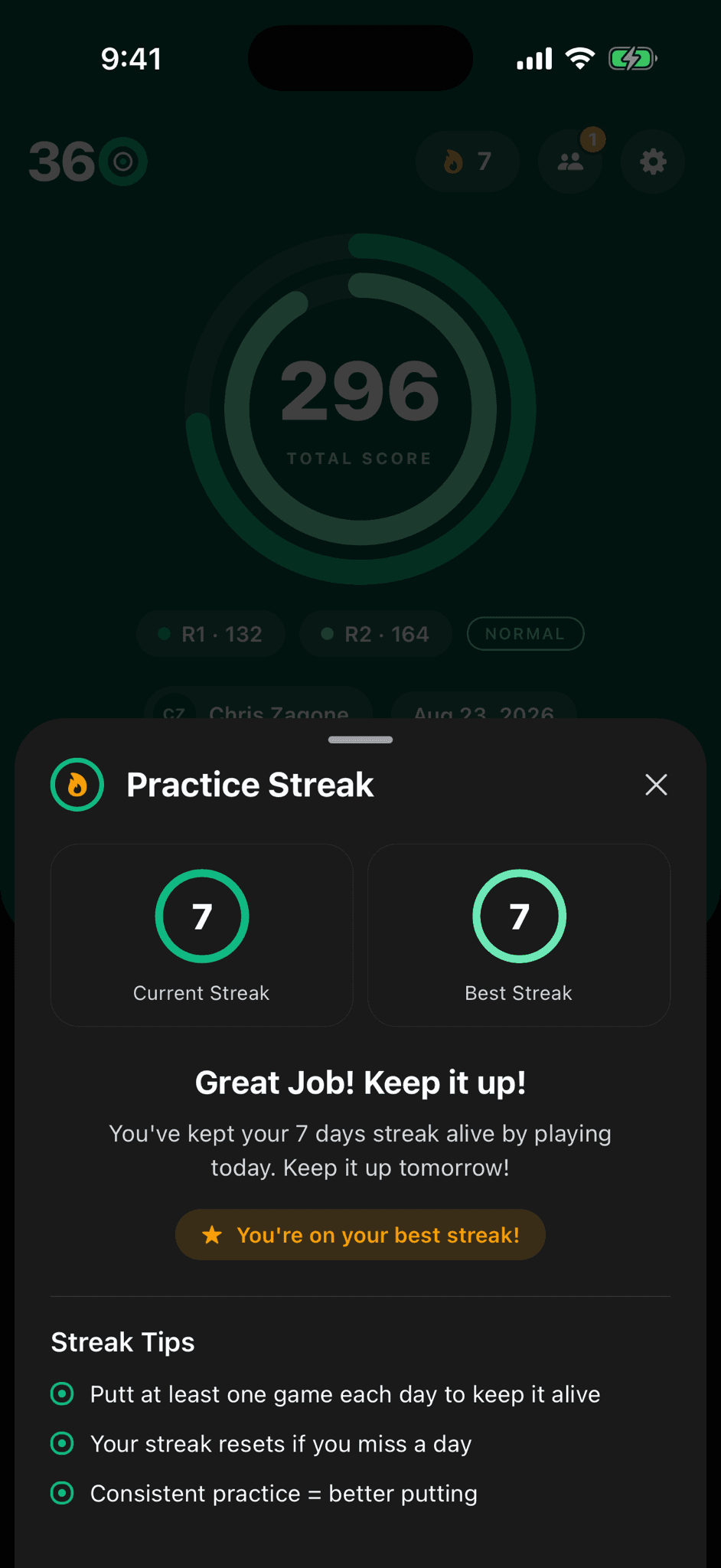 The practice streak screen showing a user's practice streak